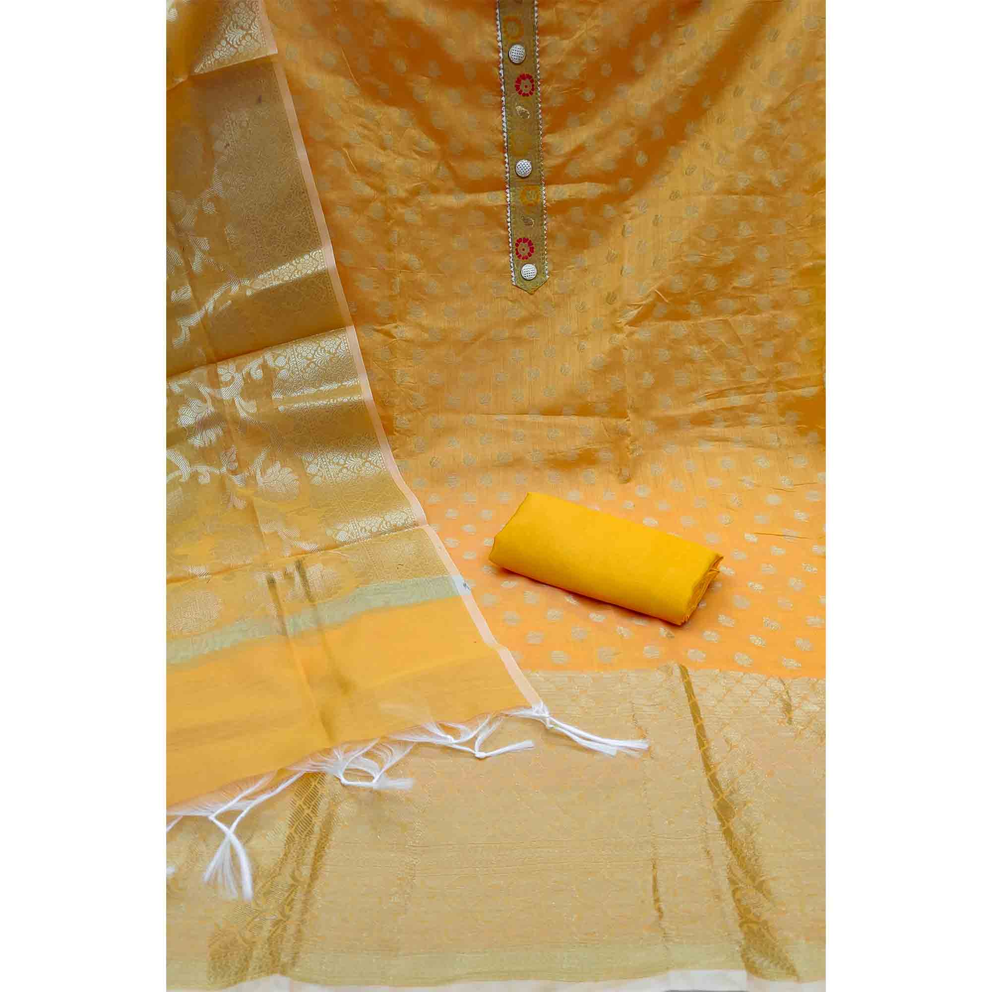 Luxurious Yellow Golden Butti Banarasi Silk Weaving Dress Material With Elegant Neck Work - Image 4