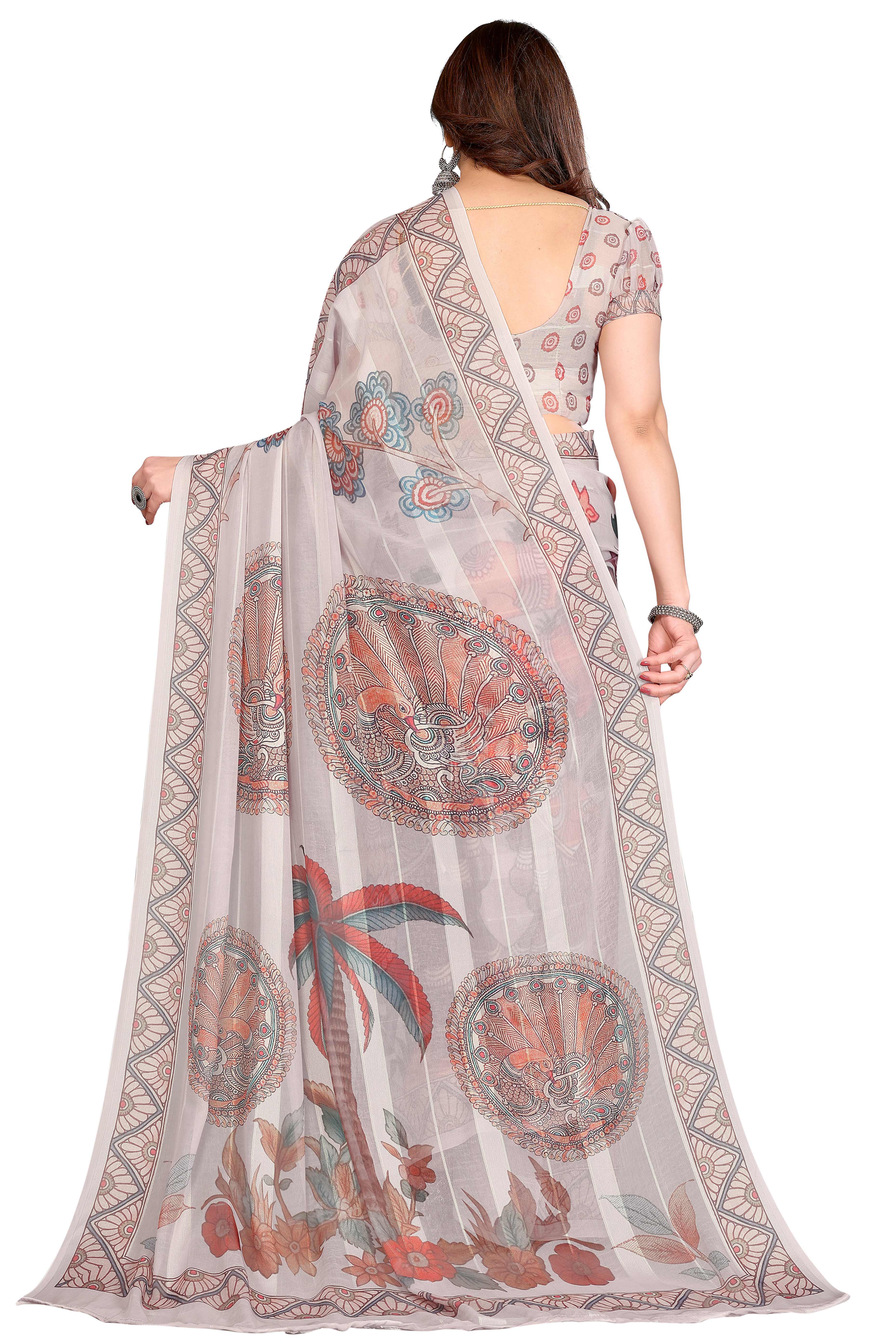 Luxury Beige Floral Digital Print Georgette Saree With Subtle Zari Highlights & Vibrant Striped - Image 5