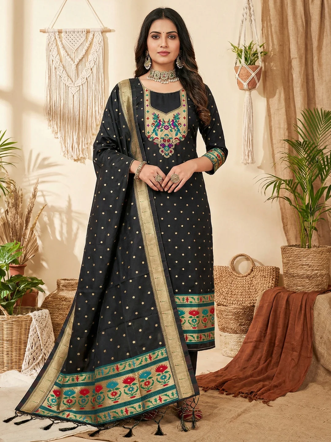 Luxury Black Floral & Peacock Design Zari Weaving Banarasi Silk Dress Material