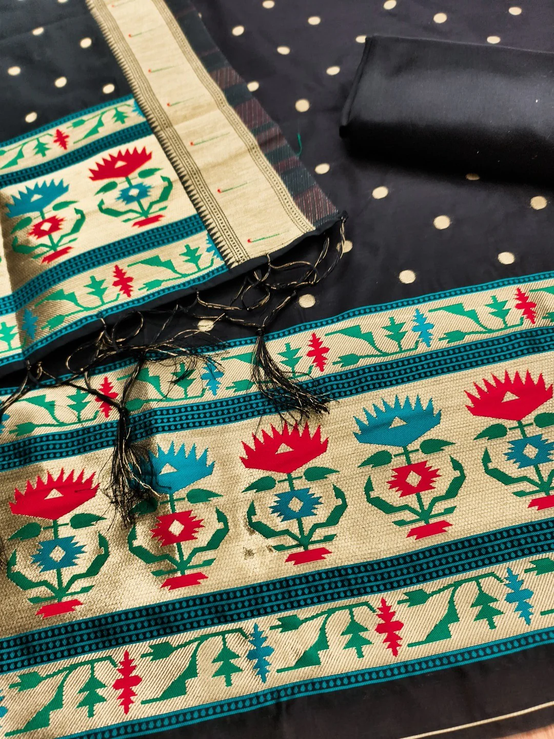 Luxury Black Floral & Peacock Design Zari Weaving Banarasi Silk Dress Material - Image 2