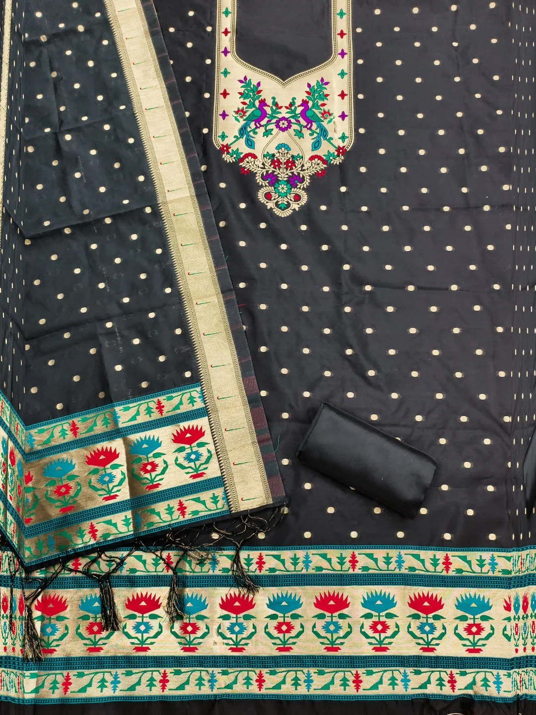 Luxury Black Floral & Peacock Design Zari Weaving Banarasi Silk Dress Material - Image 3