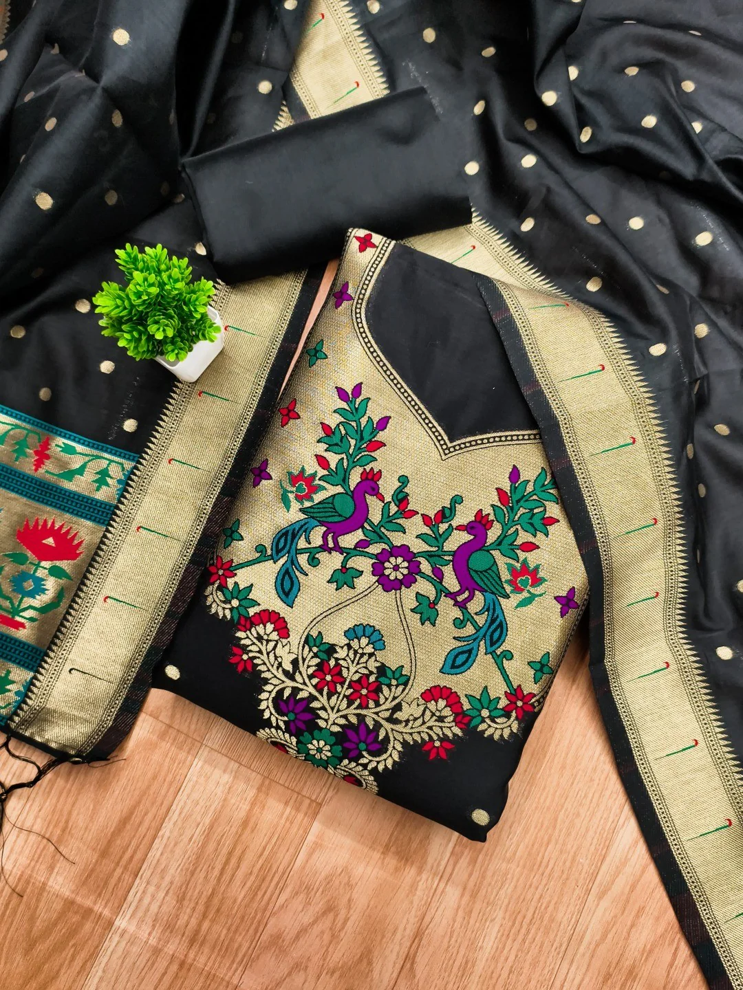 Luxury Black Floral & Peacock Design Zari Weaving Banarasi Silk Dress Material - Image 4