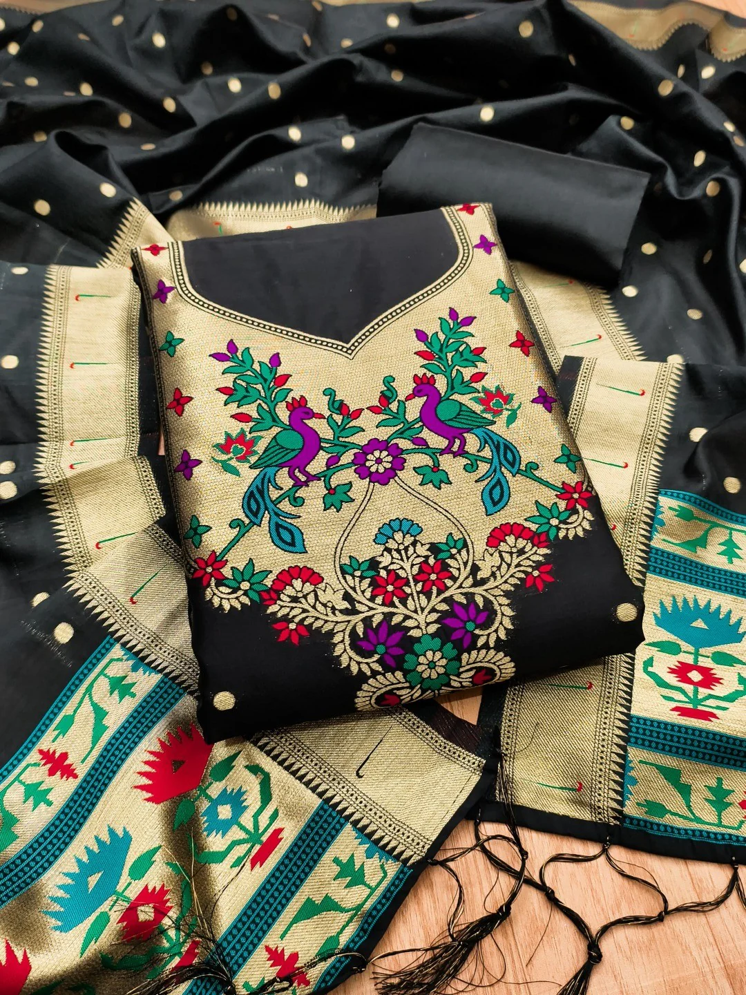 Luxury Black Floral & Peacock Design Zari Weaving Banarasi Silk Dress Material - Image 5