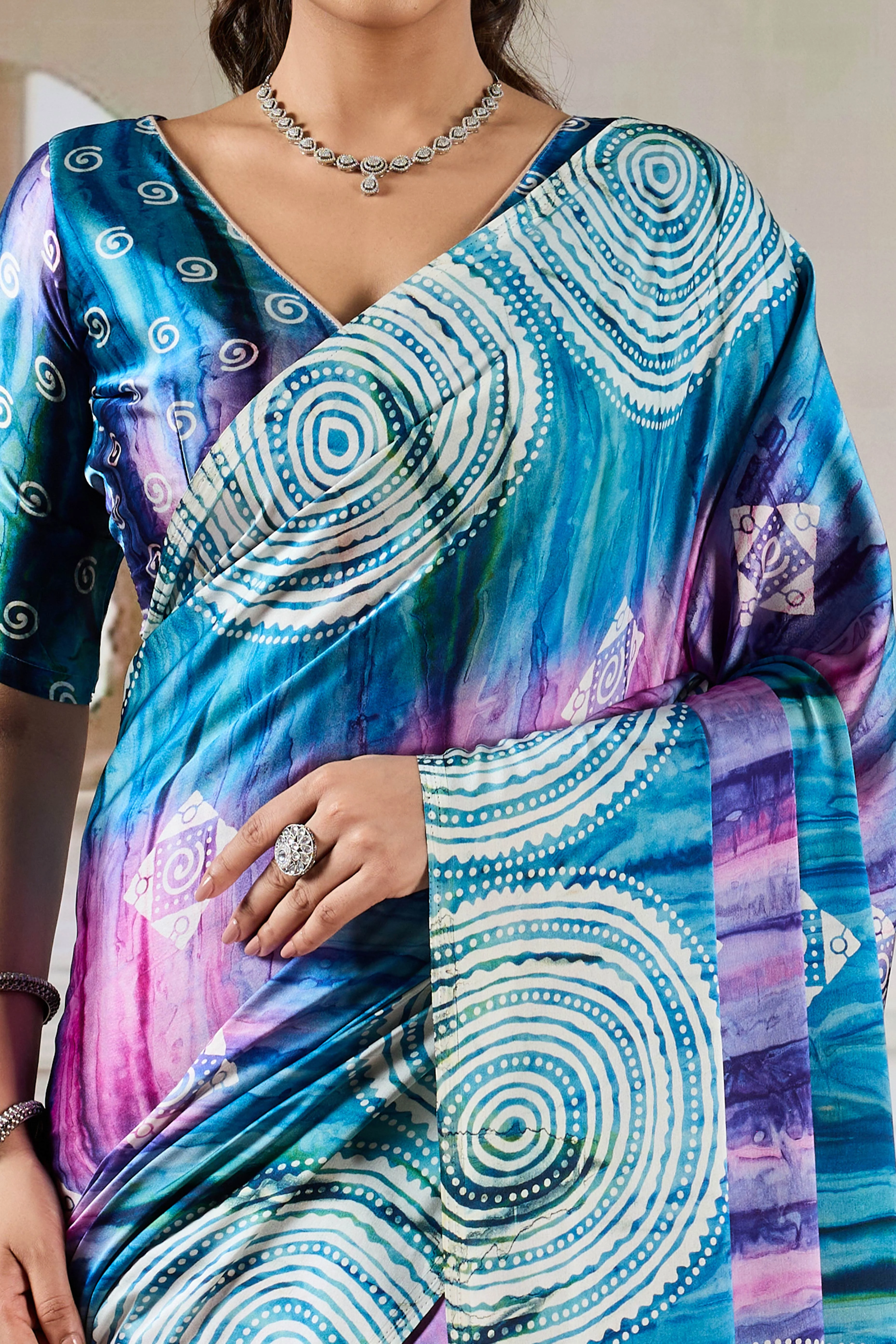 Luxury Blue Abstract Prism Print Modal Satin Saree Featuring Artistic Work - Image 2