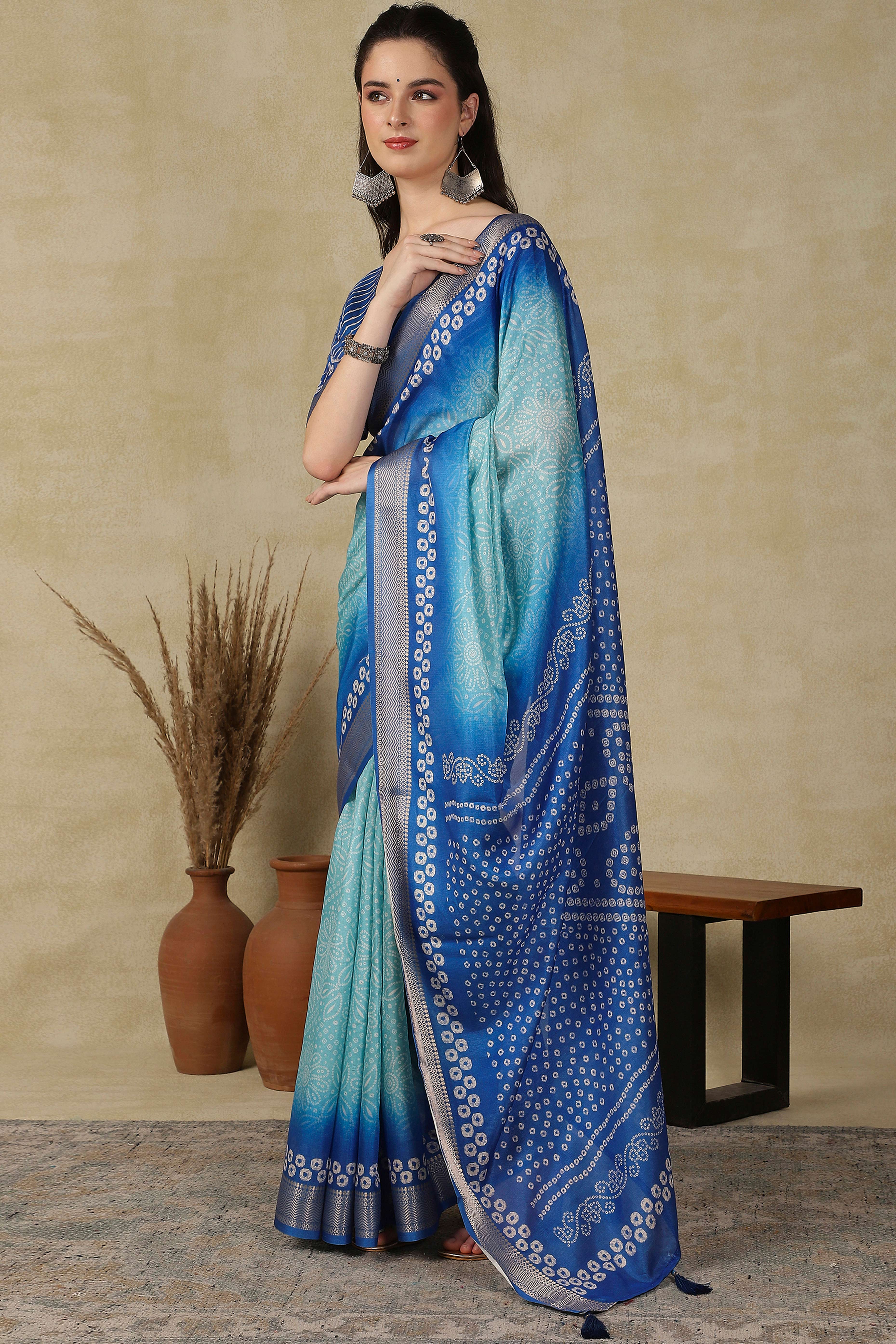 Luxury Blue Bandhani Print Cotton Silk Saree Featuring Weaving Border & Tassel Pallu - Image 4