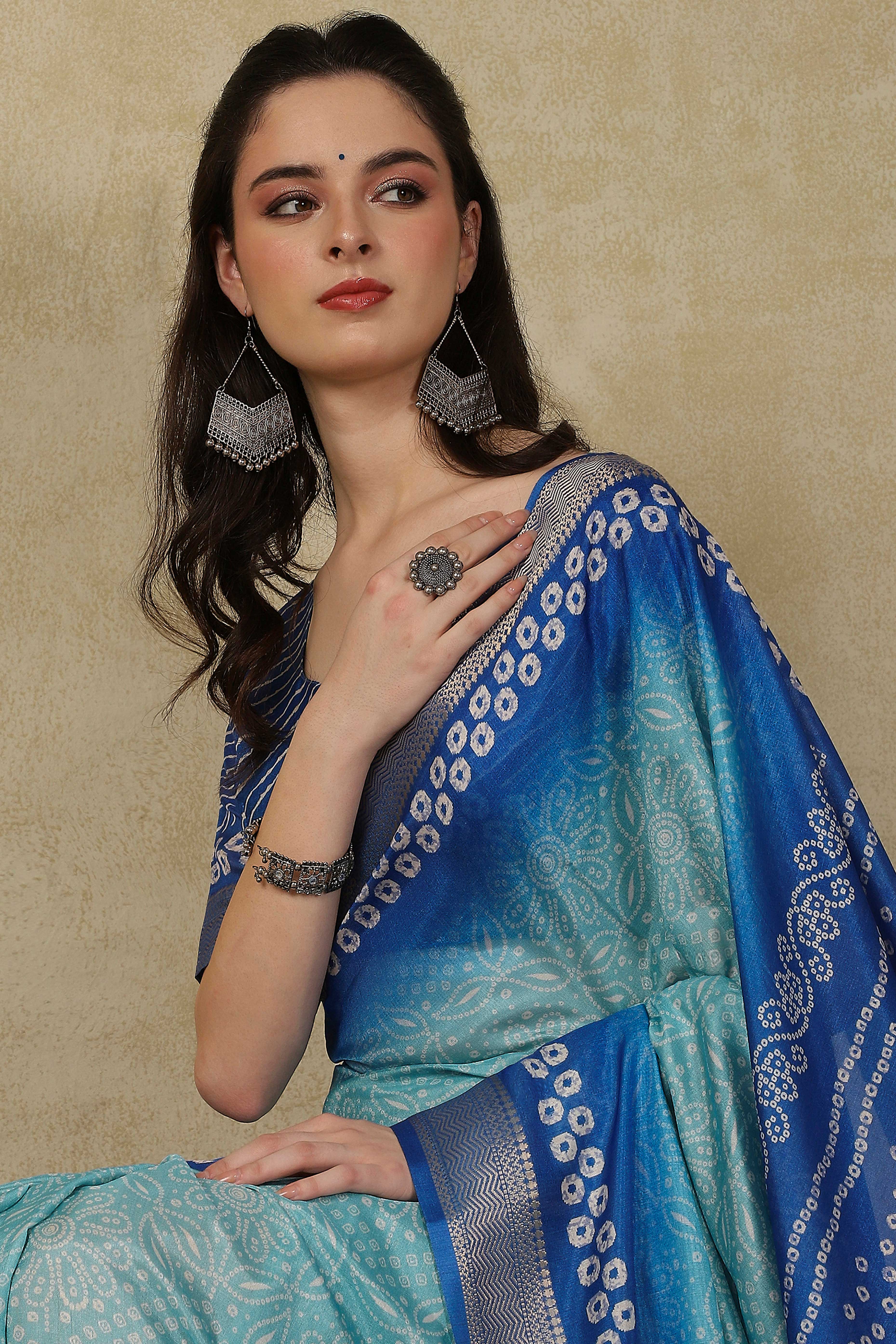 Luxury Blue Bandhani Print Cotton Silk Saree Featuring Weaving Border & Tassel Pallu - Image 7