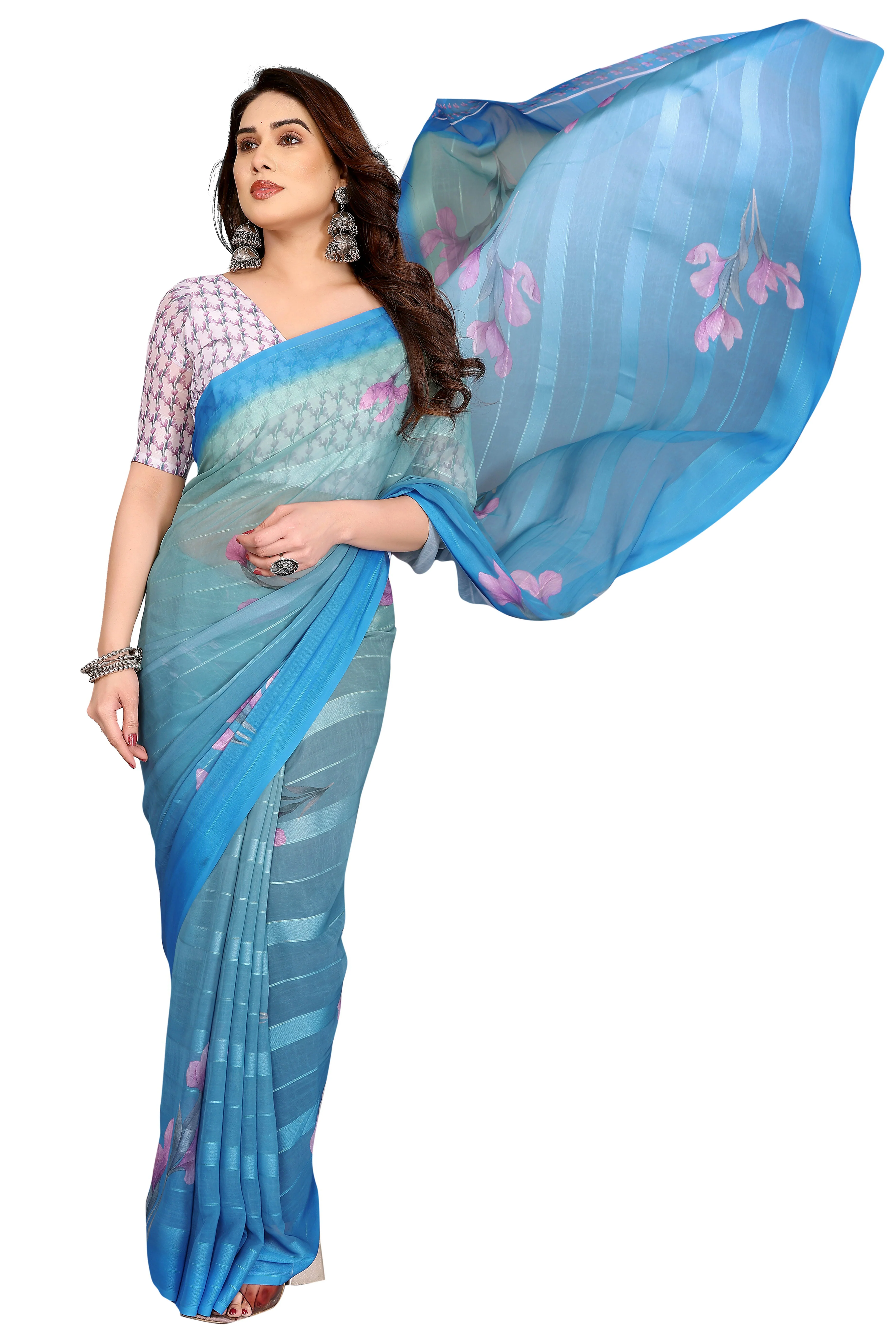 Luxury Blue Floral Digital Print Georgette Saree With Subtle Zari Highlights & Vibrant Striped - Image 3