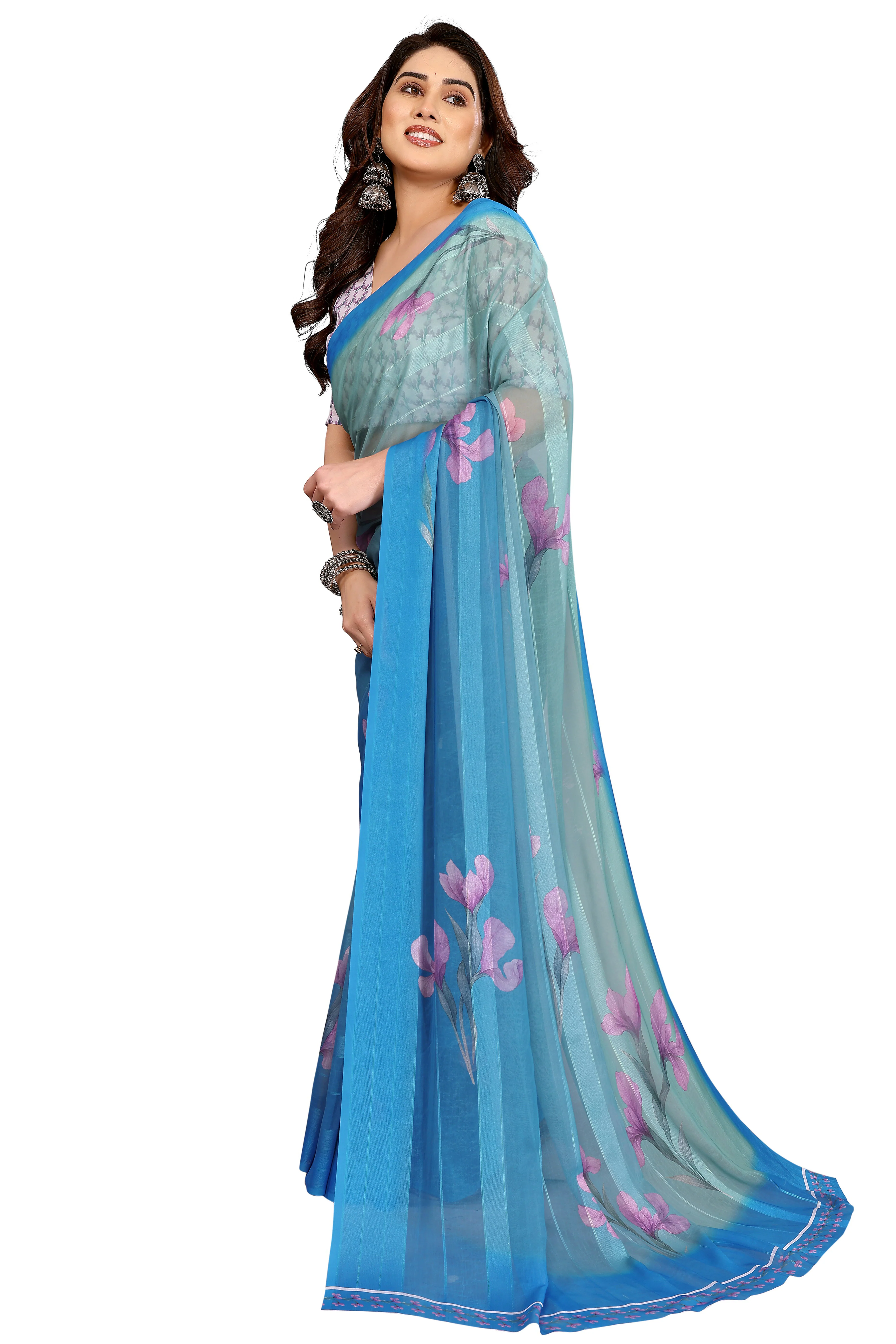 Luxury Blue Floral Digital Print Georgette Saree With Subtle Zari Highlights & Vibrant Striped - Image 4