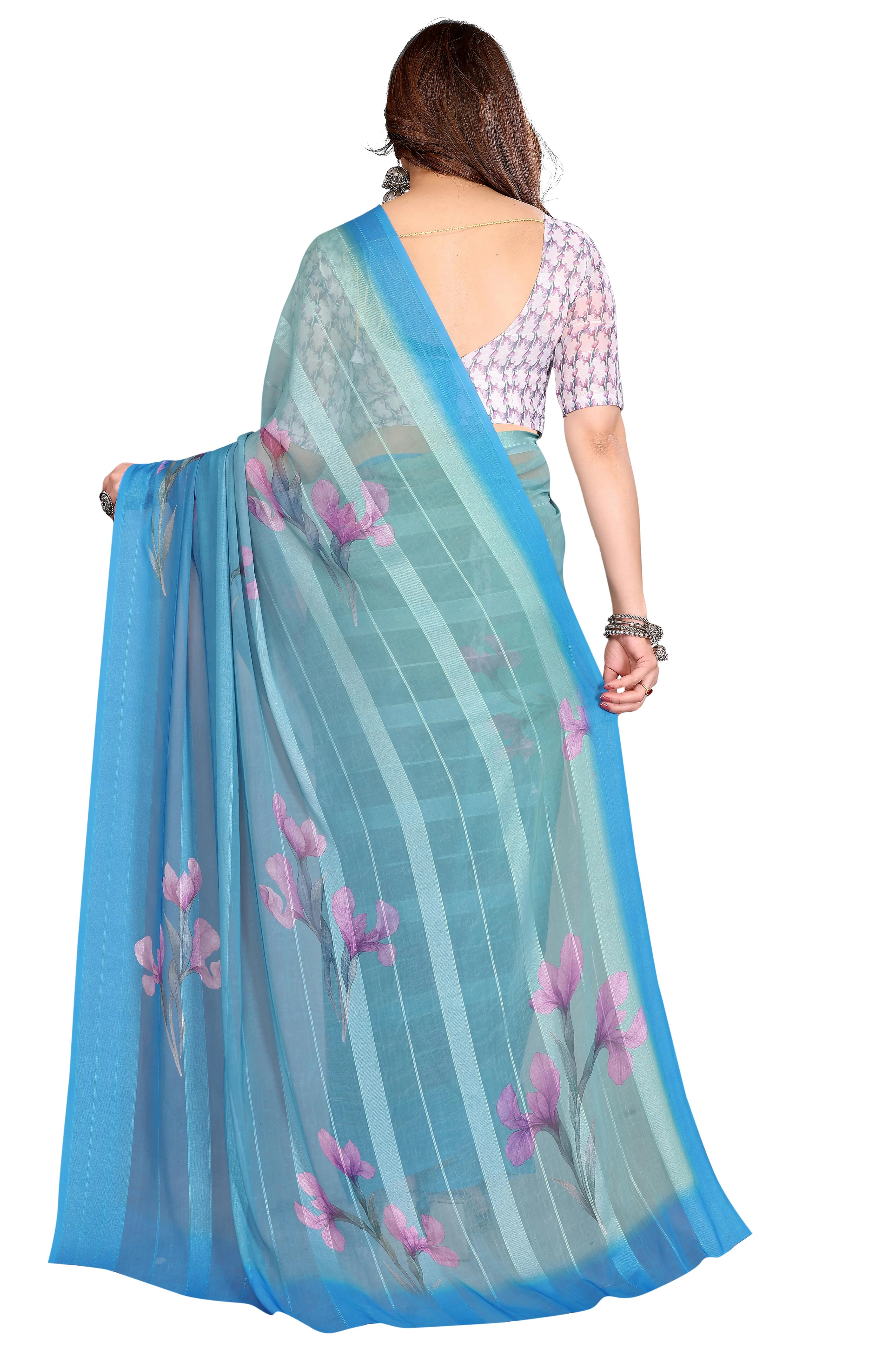 Luxury Blue Floral Digital Print Georgette Saree With Subtle Zari Highlights & Vibrant Striped - Image 5