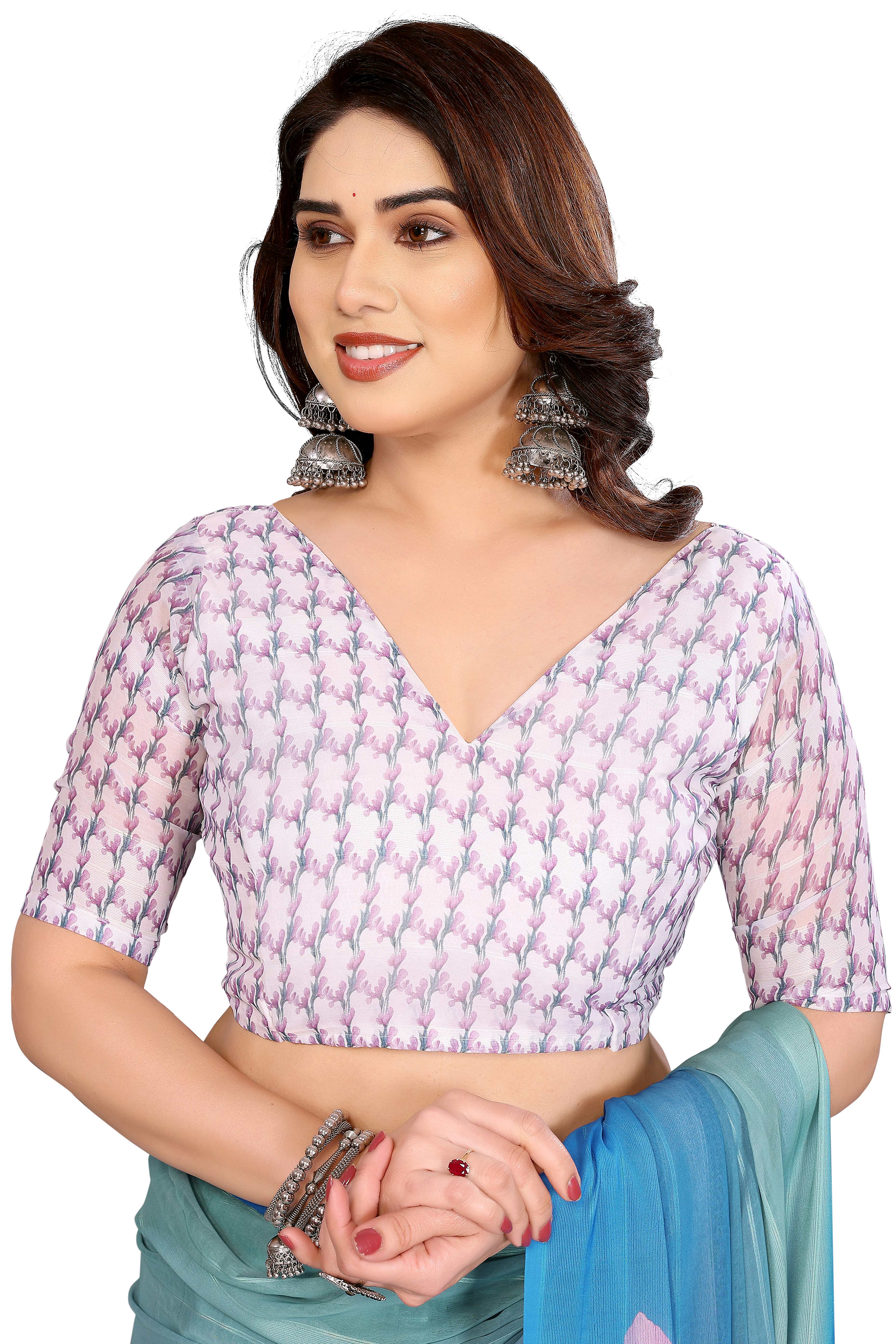 Luxury Blue Floral Digital Print Georgette Saree With Subtle Zari Highlights & Vibrant Striped - Image 6