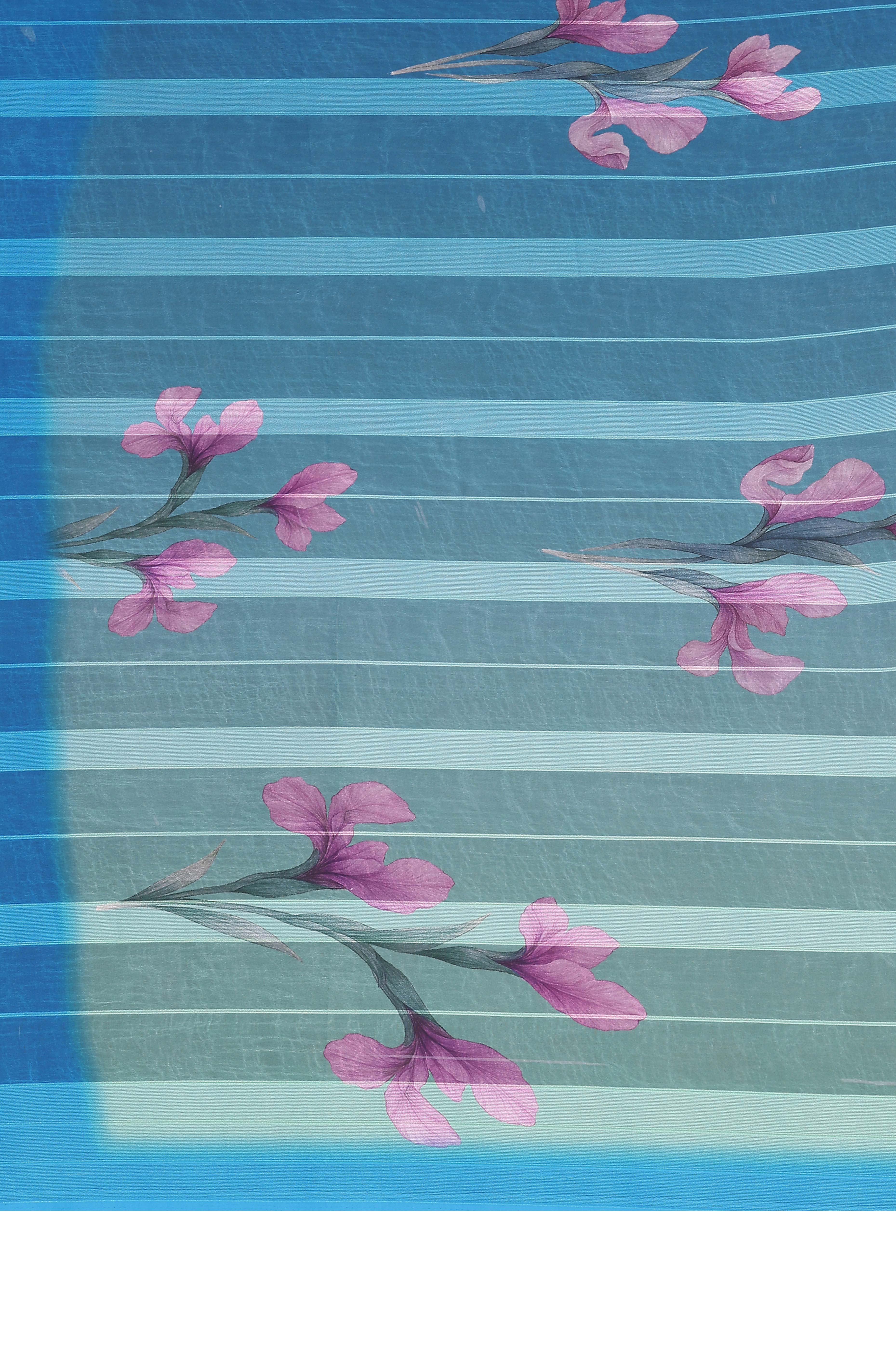 Luxury Blue Floral Digital Print Georgette Saree With Subtle Zari Highlights & Vibrant Striped - Image 7