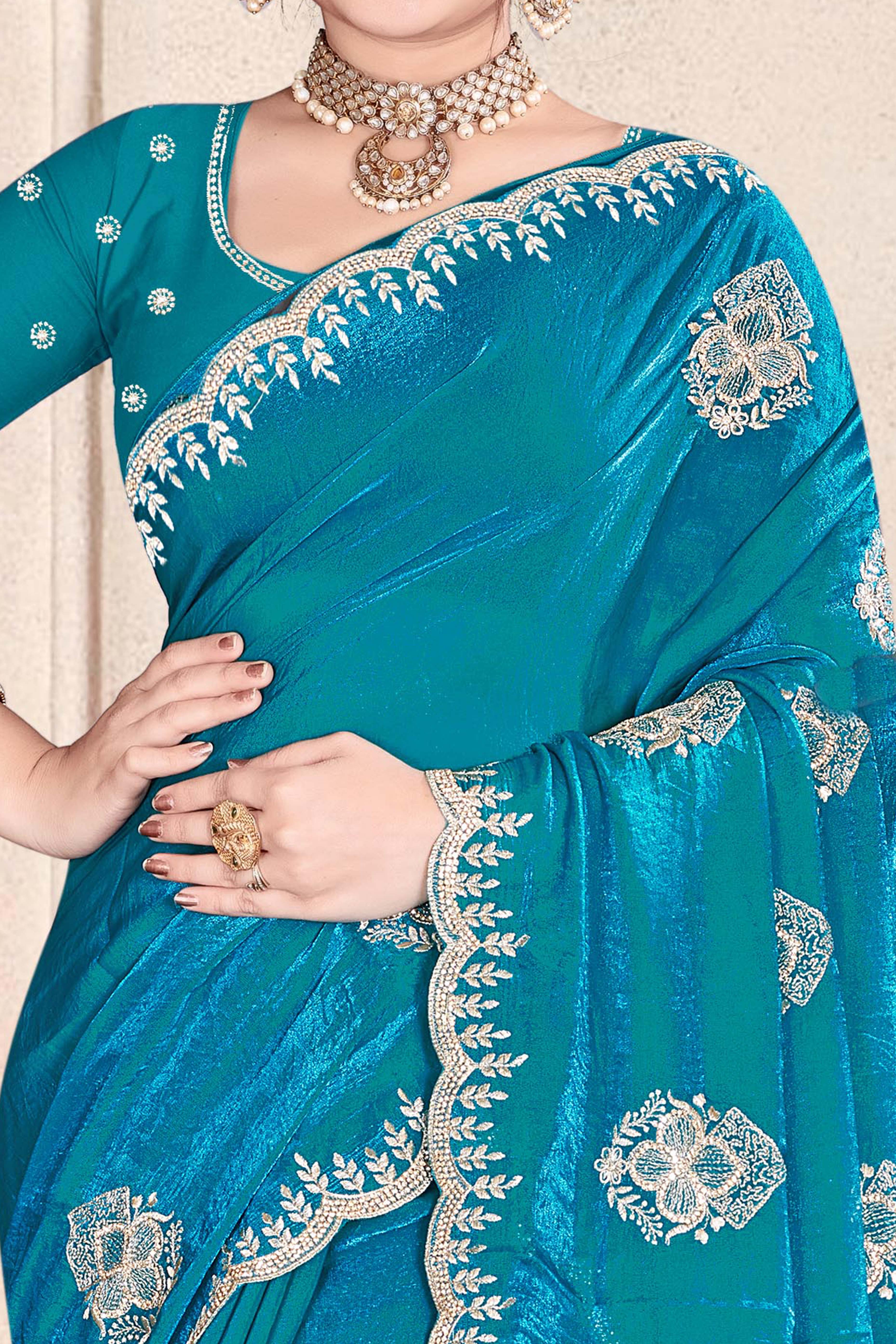 Luxury Blue Floral Zari Embroidery With Sparkling Diamond Work Organza Satin Silk Saree - Image 2