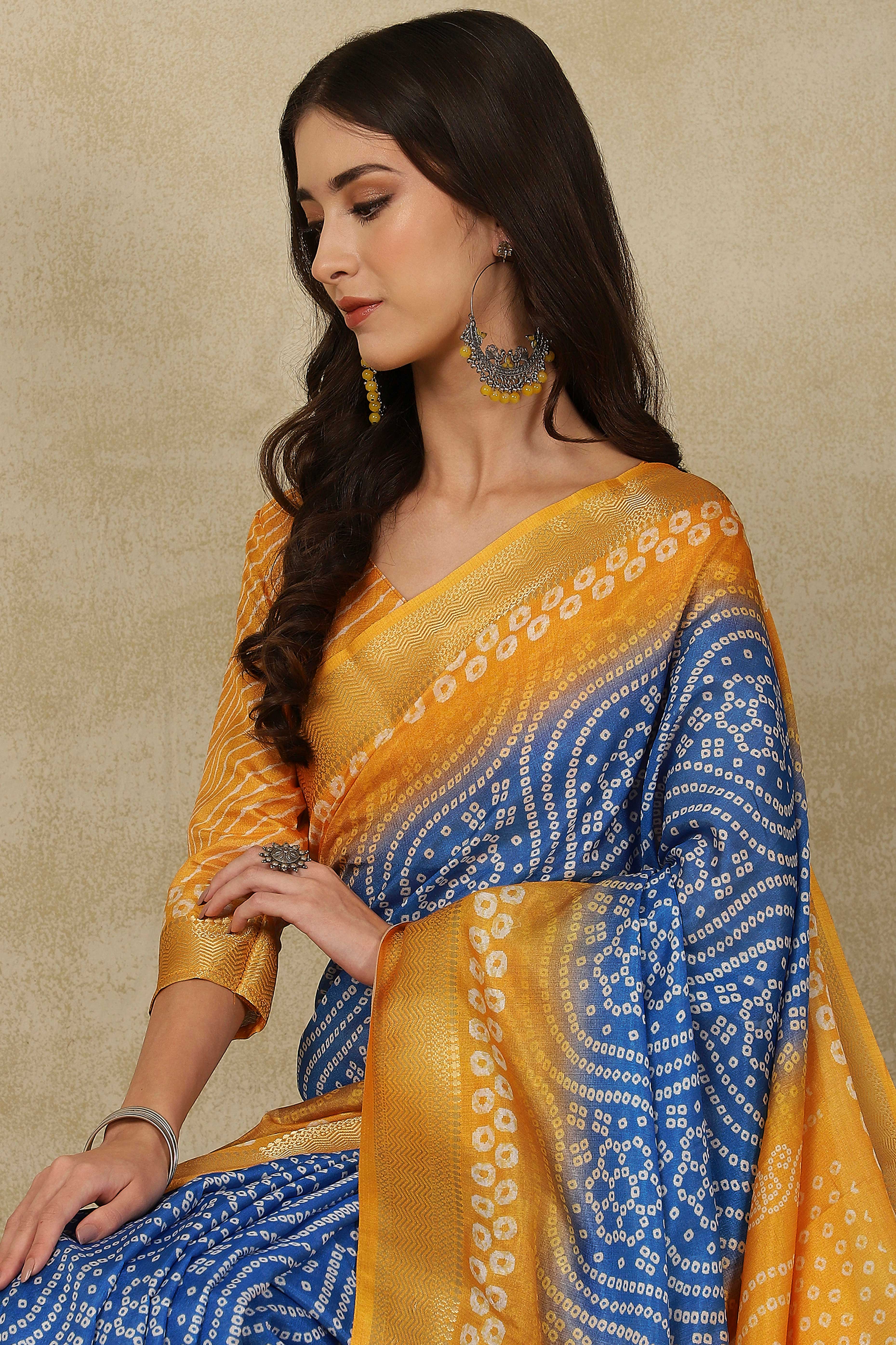Luxury Blue & Mustard Bandhani Print Cotton Silk Saree Featuring Weaving Border & Tassel Pallu - Image 7