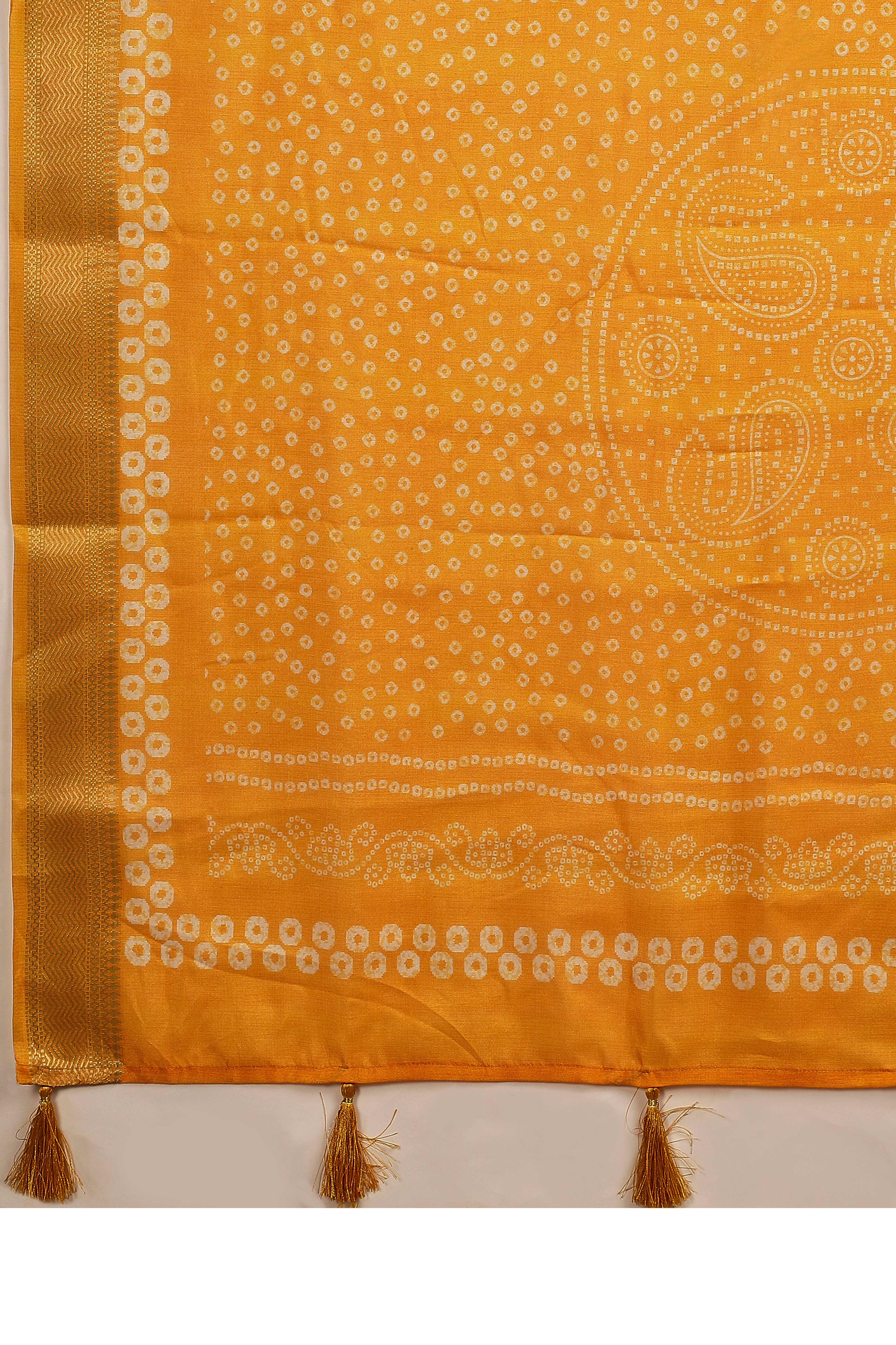 Luxury Blue & Mustard Bandhani Print Cotton Silk Saree Featuring Weaving Border & Tassel Pallu - Image 9