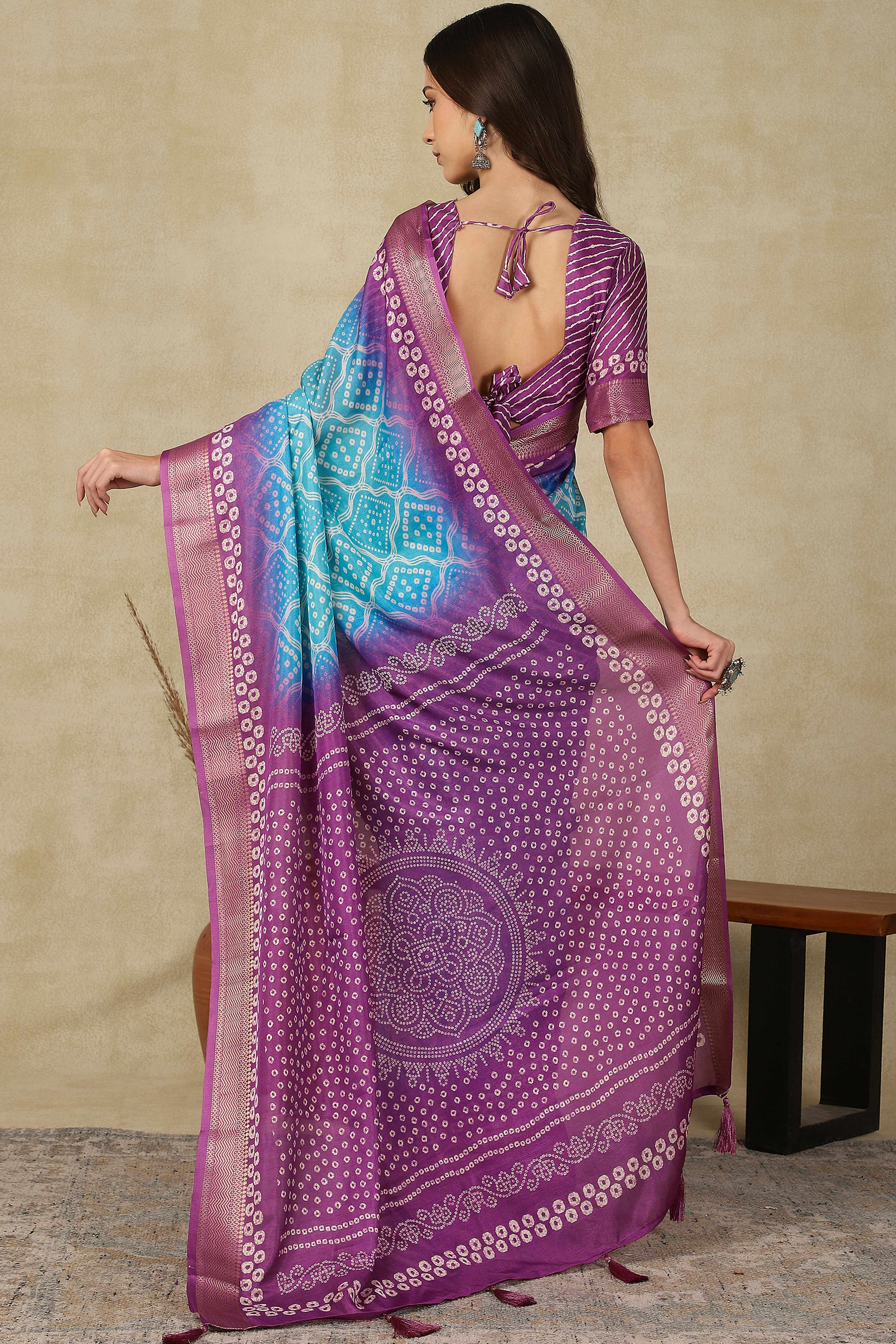 Luxury Blue & Purple Bandhani Print Cotton Silk Saree Featuring Weaving Border & Tassel Pallu - Image 6