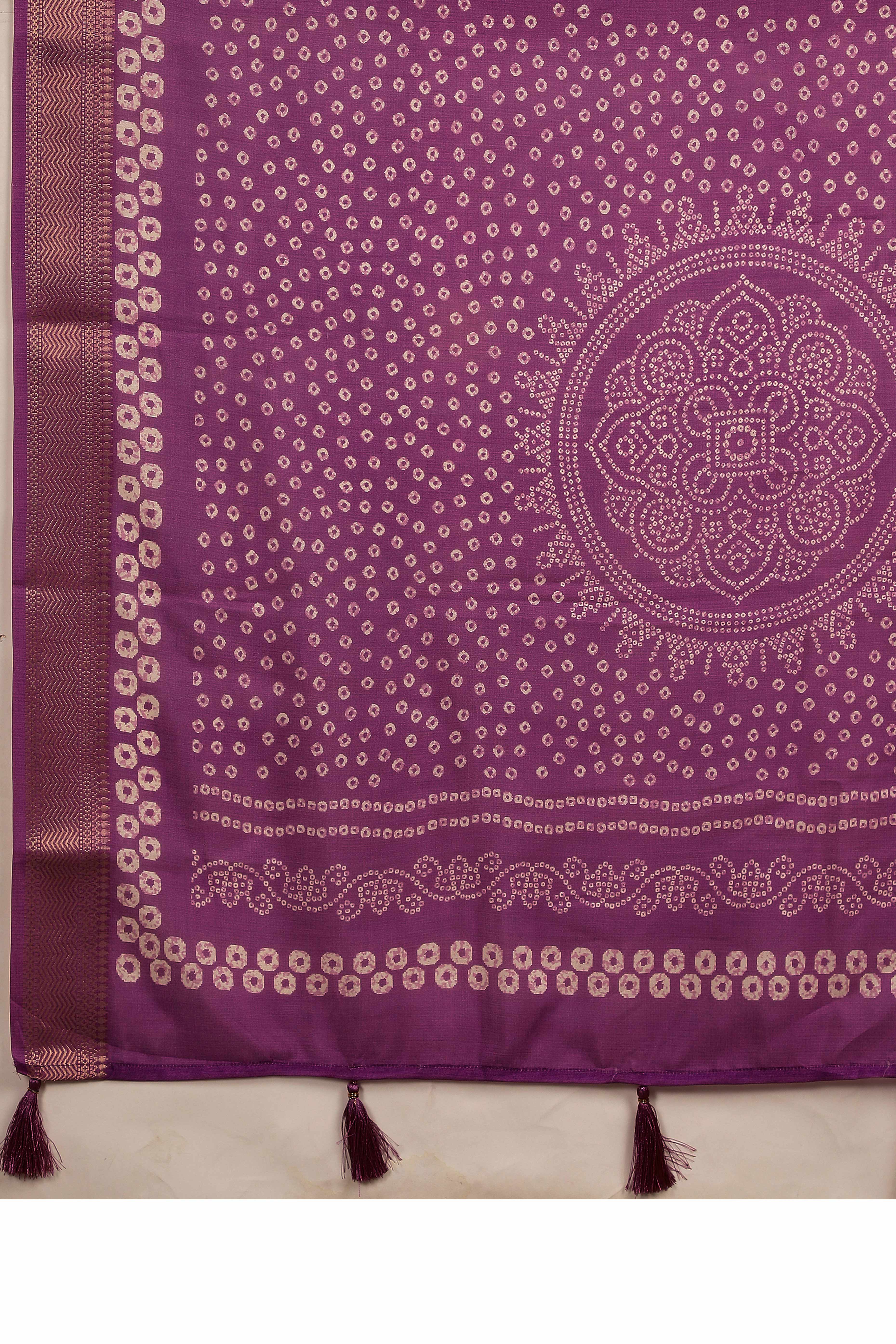 Luxury Blue & Purple Bandhani Print Cotton Silk Saree Featuring Weaving Border & Tassel Pallu - Image 9