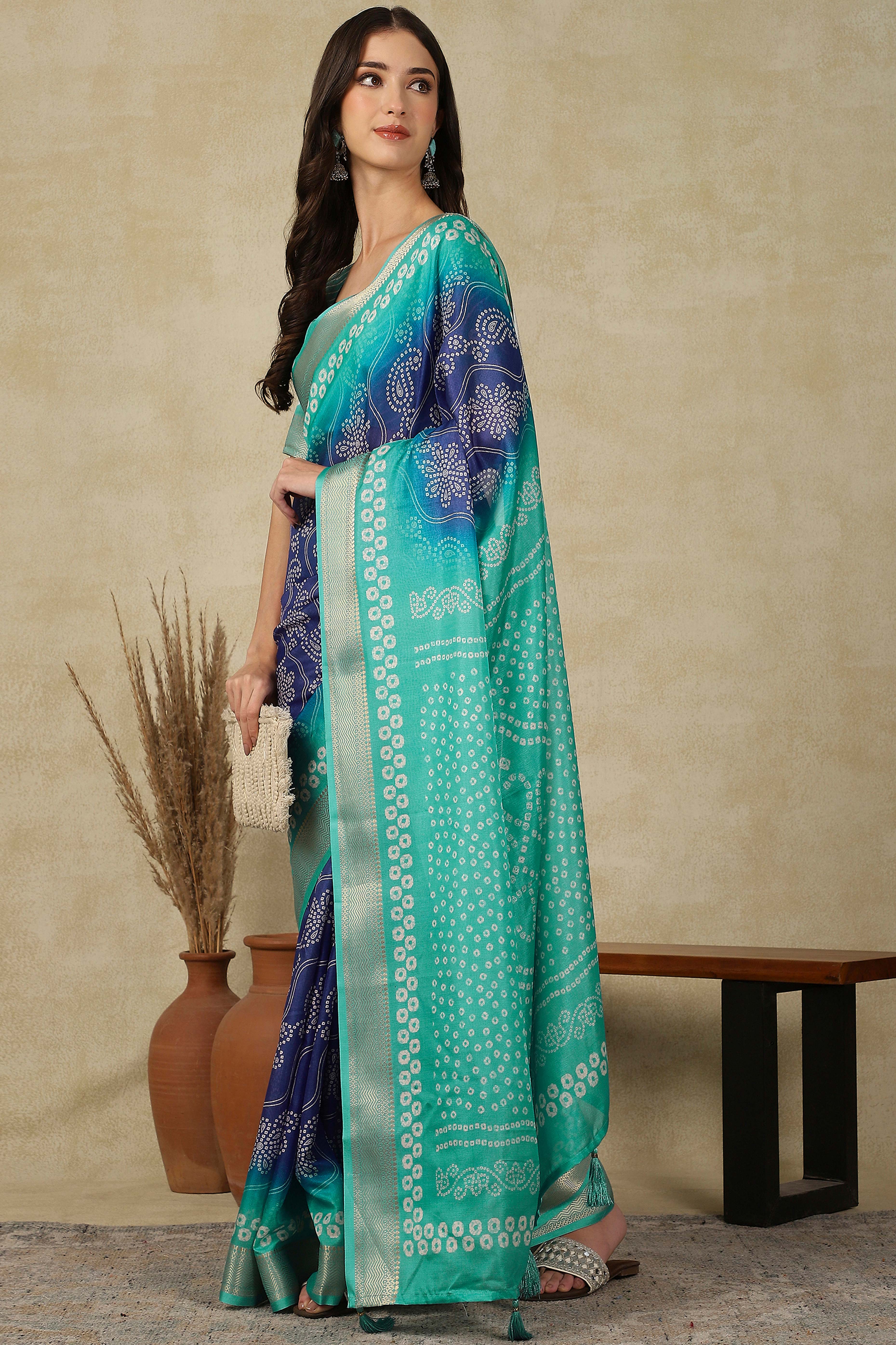 Luxury Blue & Turquoise Bandhani Print Cotton Silk Saree Featuring Weaving Border & Tassel Pallu - Image 4