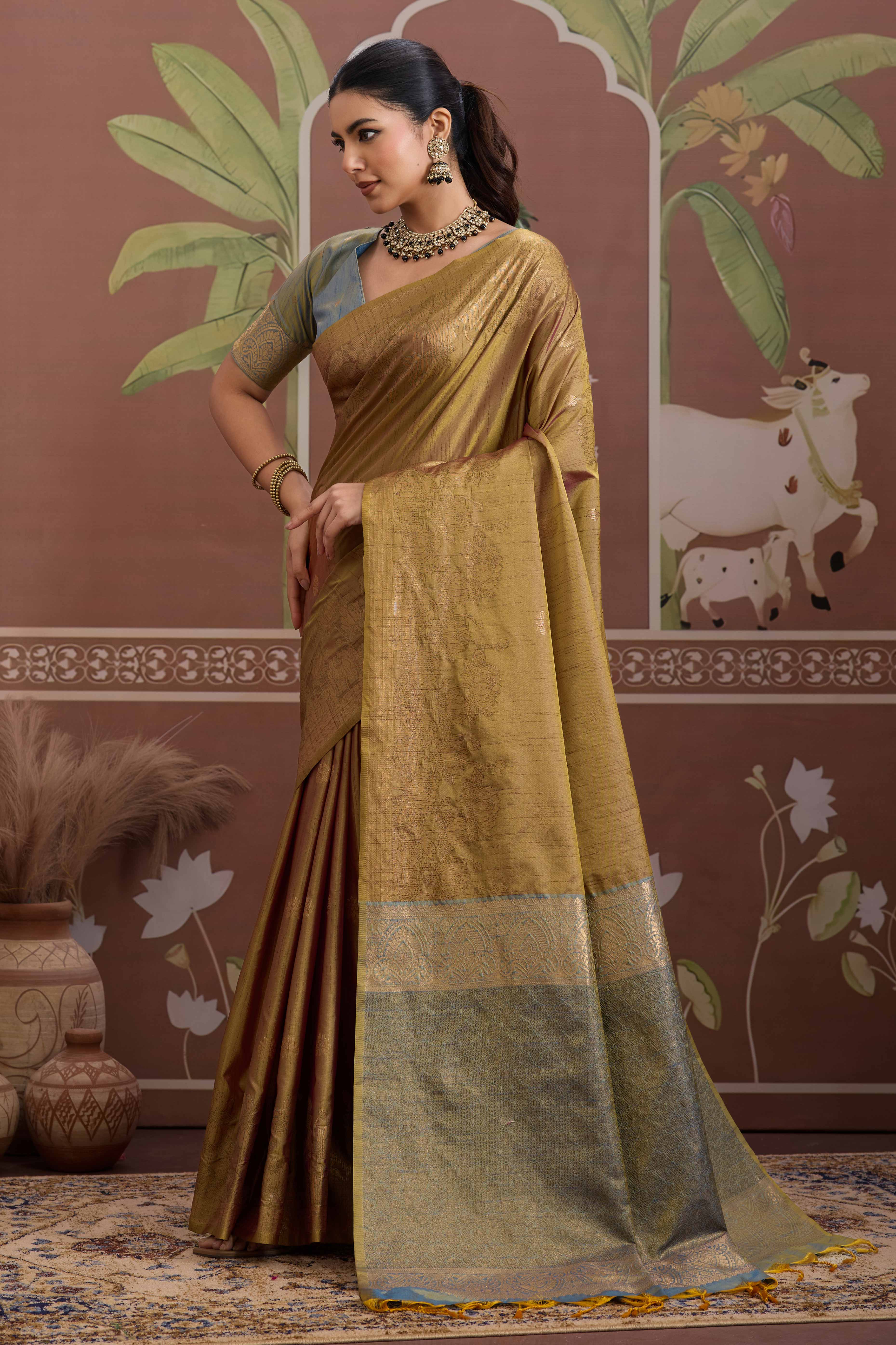 Luxury Brownish Gold Pichwai Style Saree in Silk Blend with Intricate Zari Work - Image 3