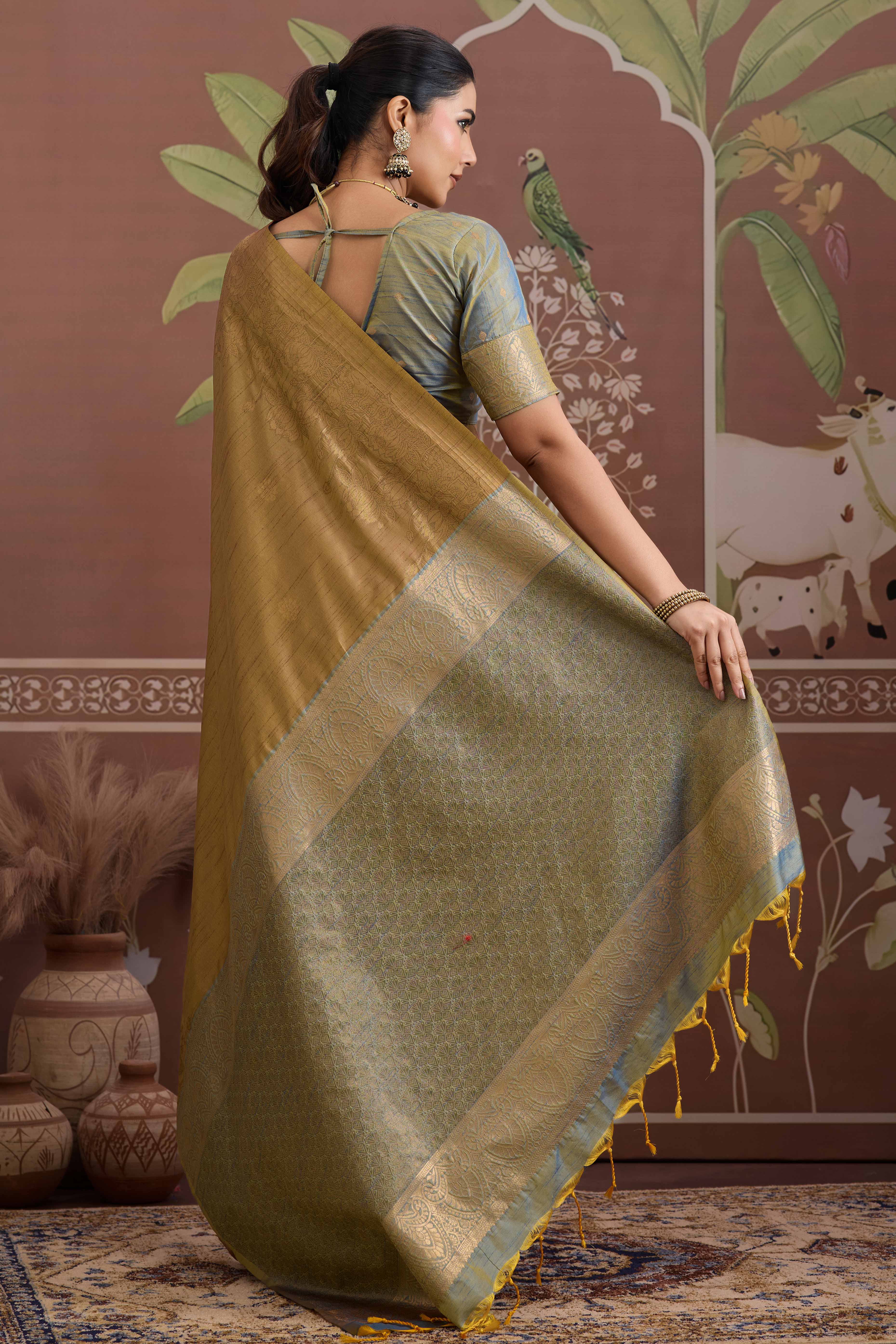 Luxury Brownish Gold Pichwai Style Saree in Silk Blend with Intricate Zari Work - Image 4