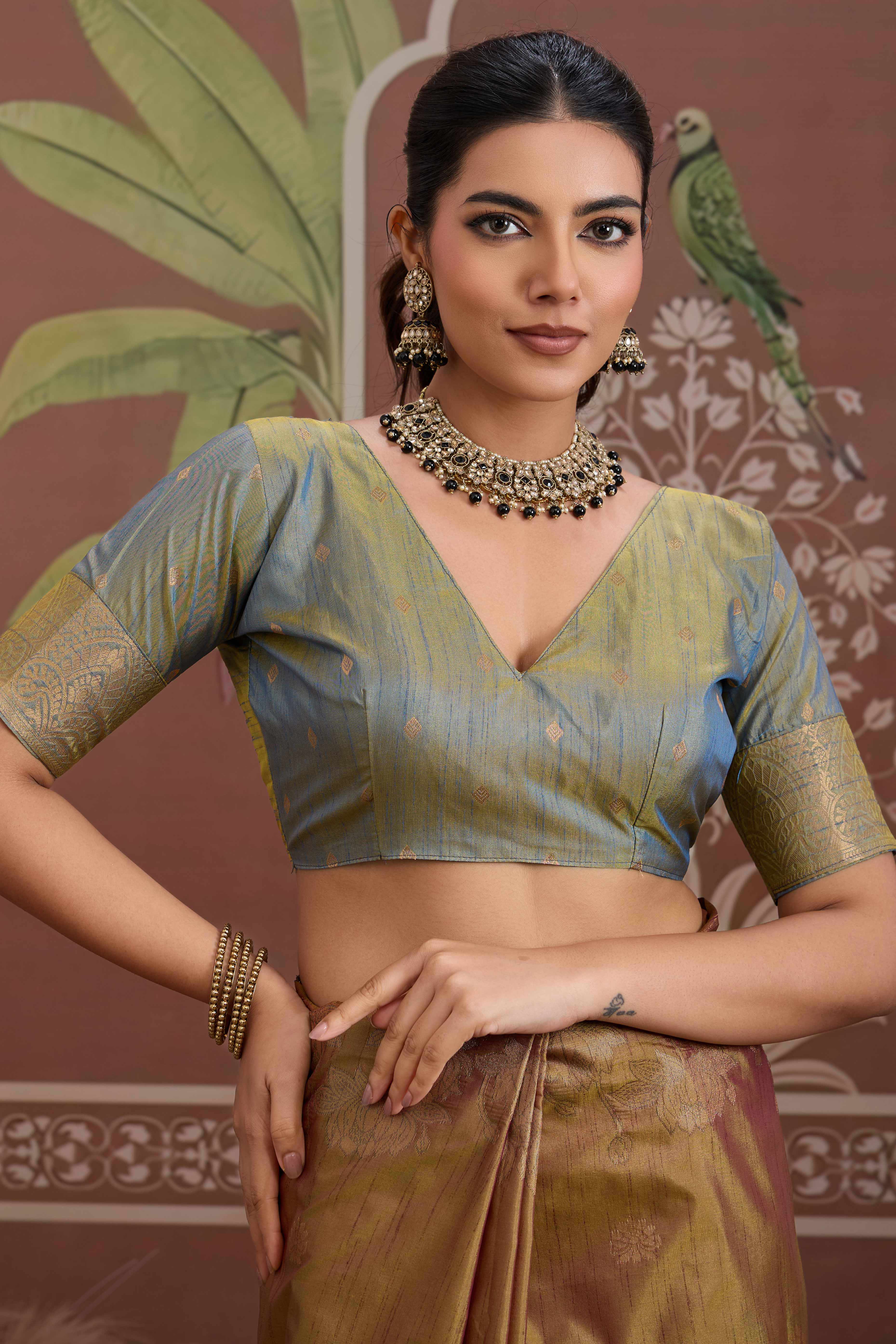 Luxury Brownish Gold Pichwai Style Saree in Silk Blend with Intricate Zari Work - Image 7