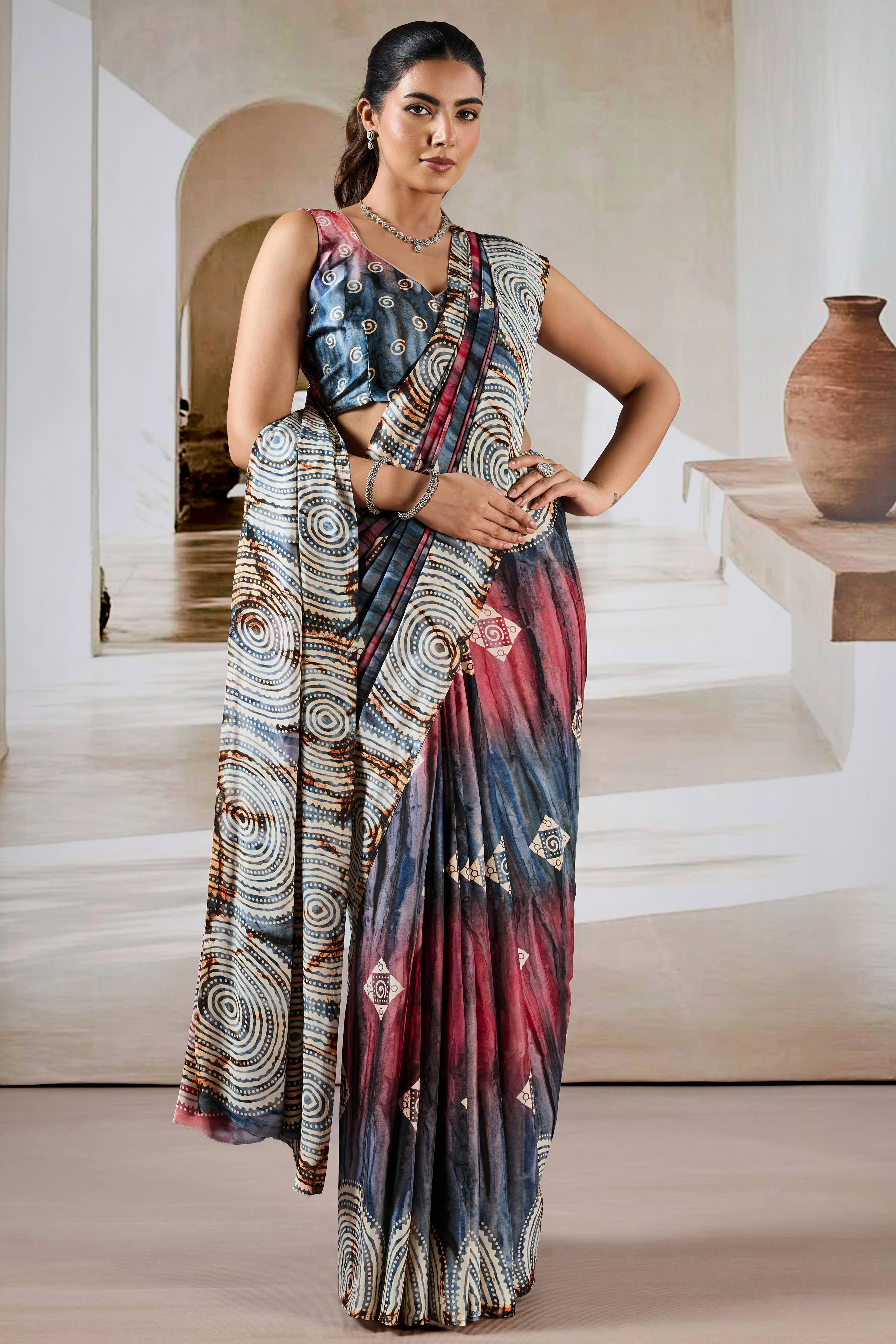 Luxury Charcoal Grey Abstract Prism Print Modal Satin Saree Featuring Artistic Work - Image 3