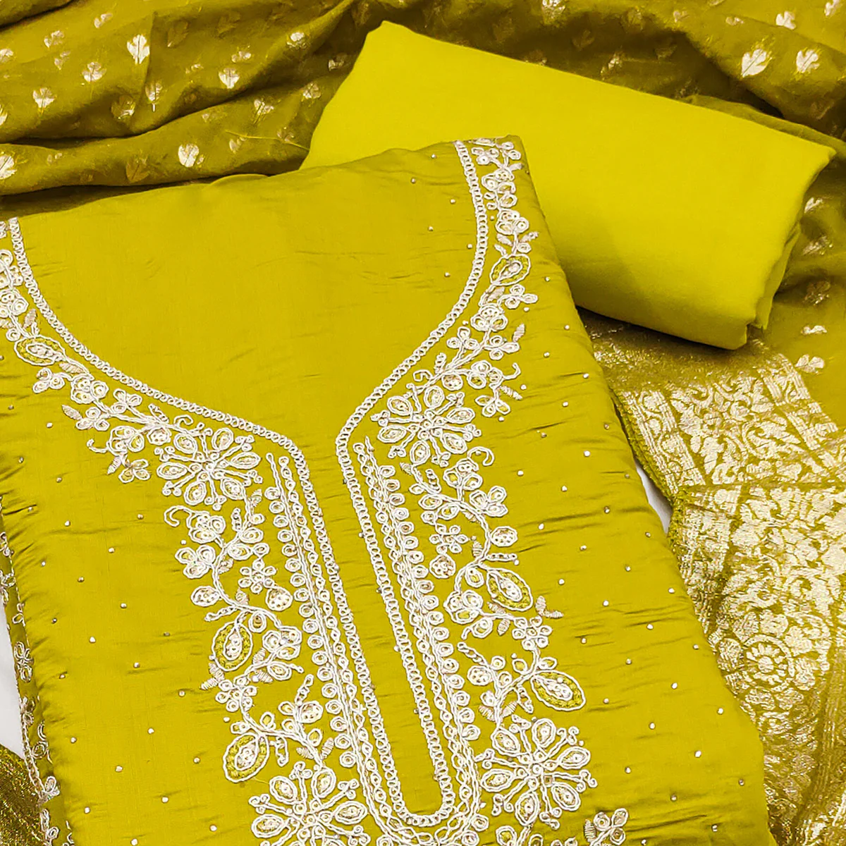 Luxury Green Floral Embroidered Cotton Silk Dress Material Enhanced With Swarovski Work - Image 2