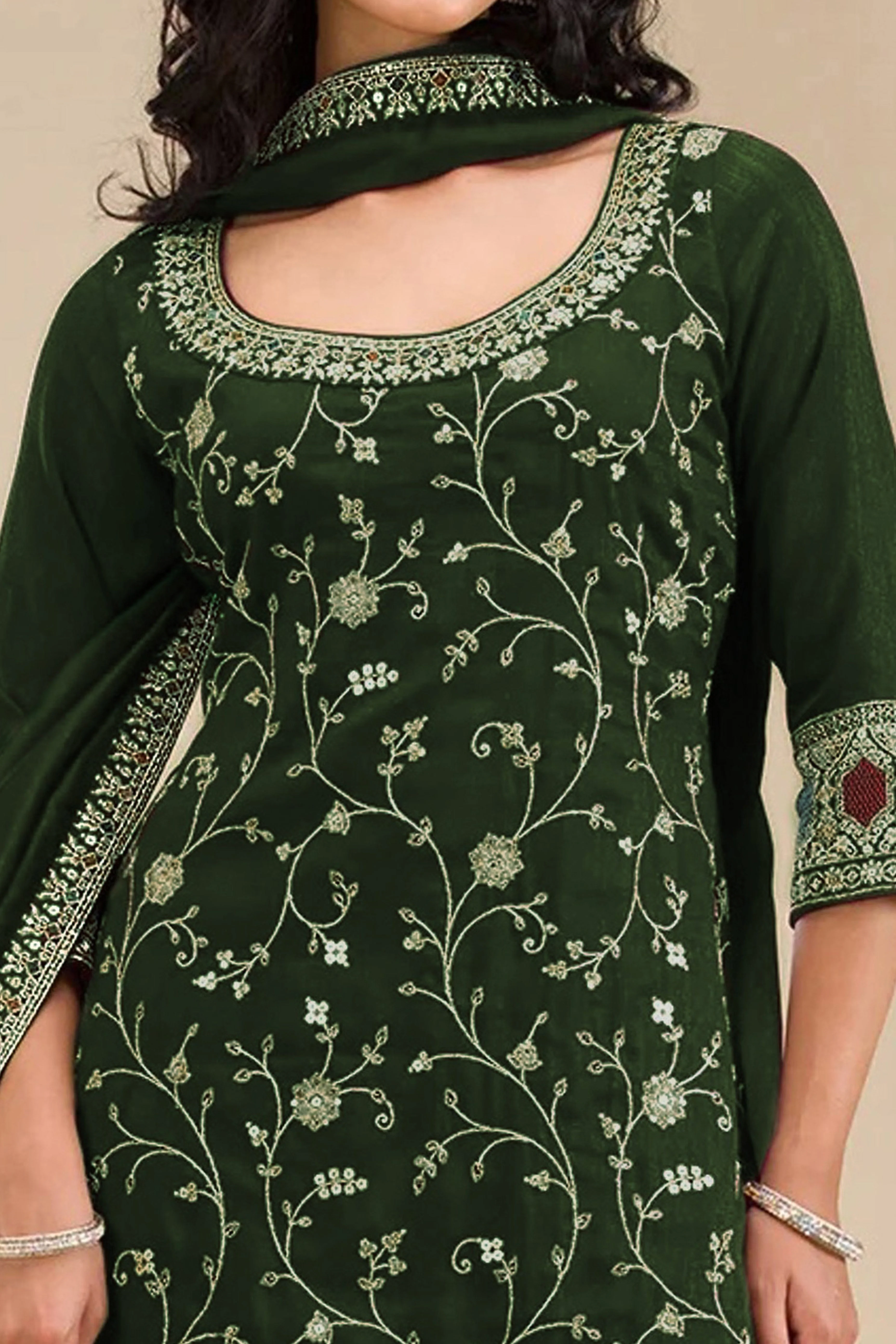 Luxury Green Floral Embroidered With Sequins Vichitra Silk Semi Stitched Pakistani Salwar Suit - Image 2