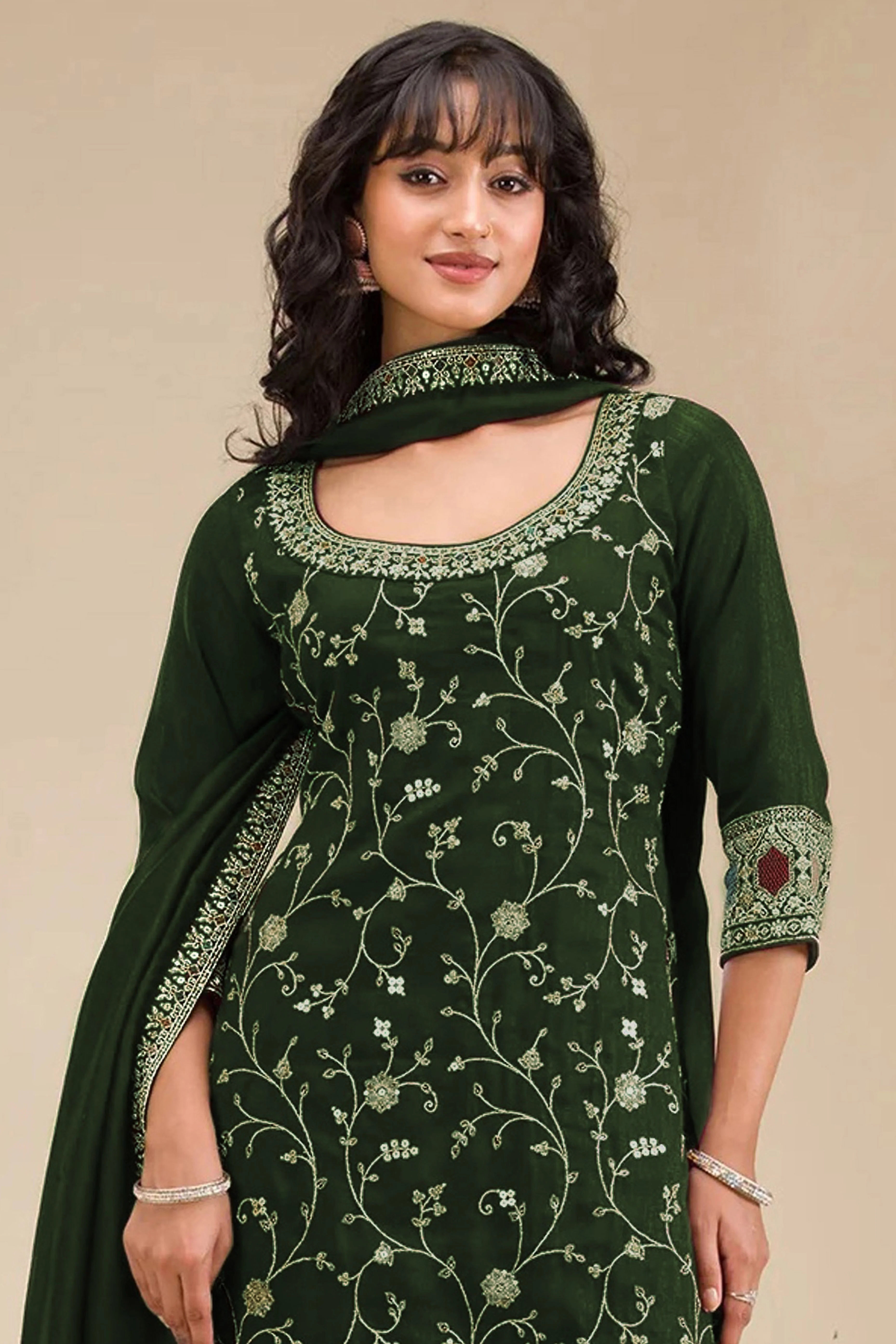 Luxury Green Floral Embroidered With Sequins Vichitra Silk Semi Stitched Pakistani Salwar Suit - Image 3
