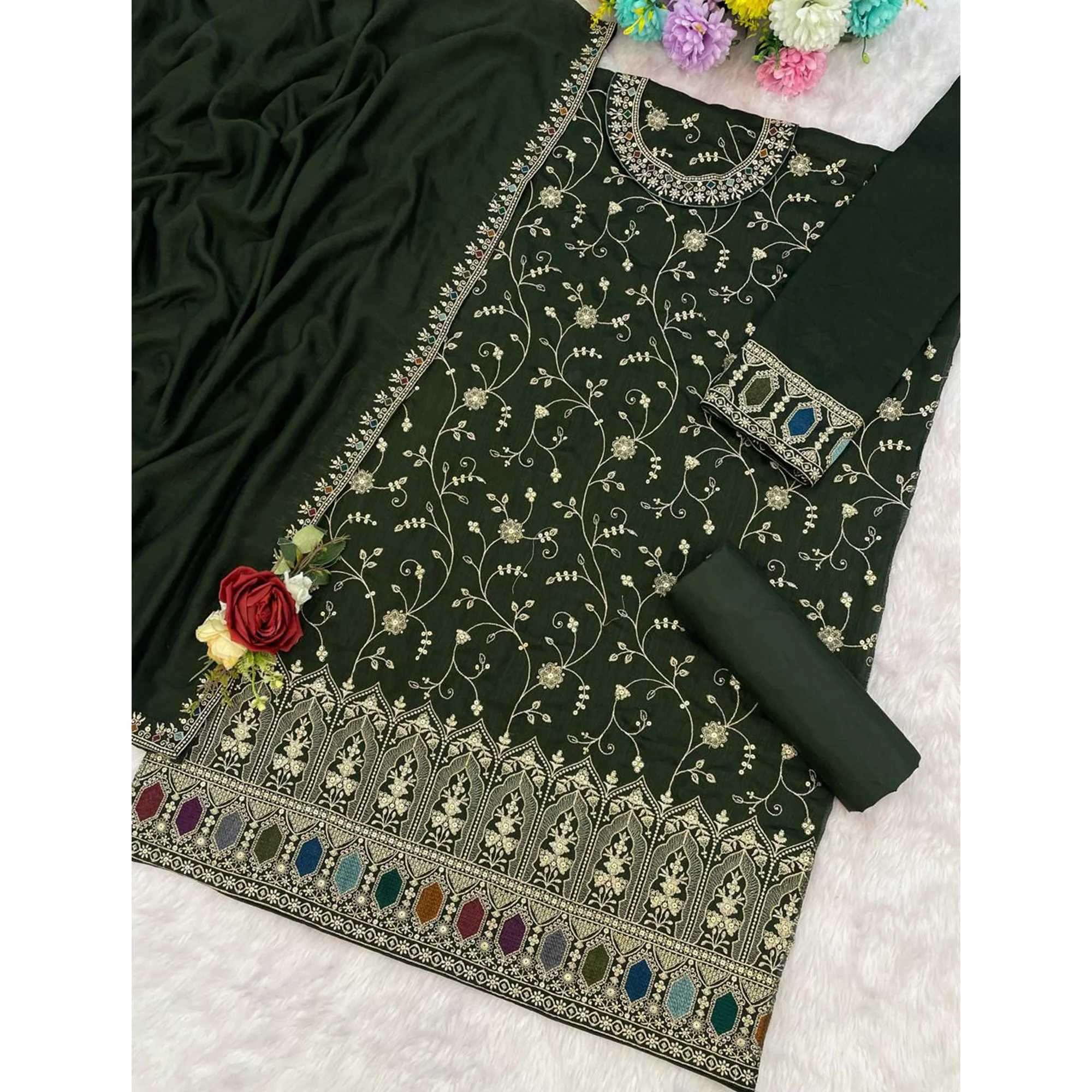 Luxury Green Floral Embroidered With Sequins Vichitra Silk Semi Stitched Pakistani Salwar Suit - Image 4