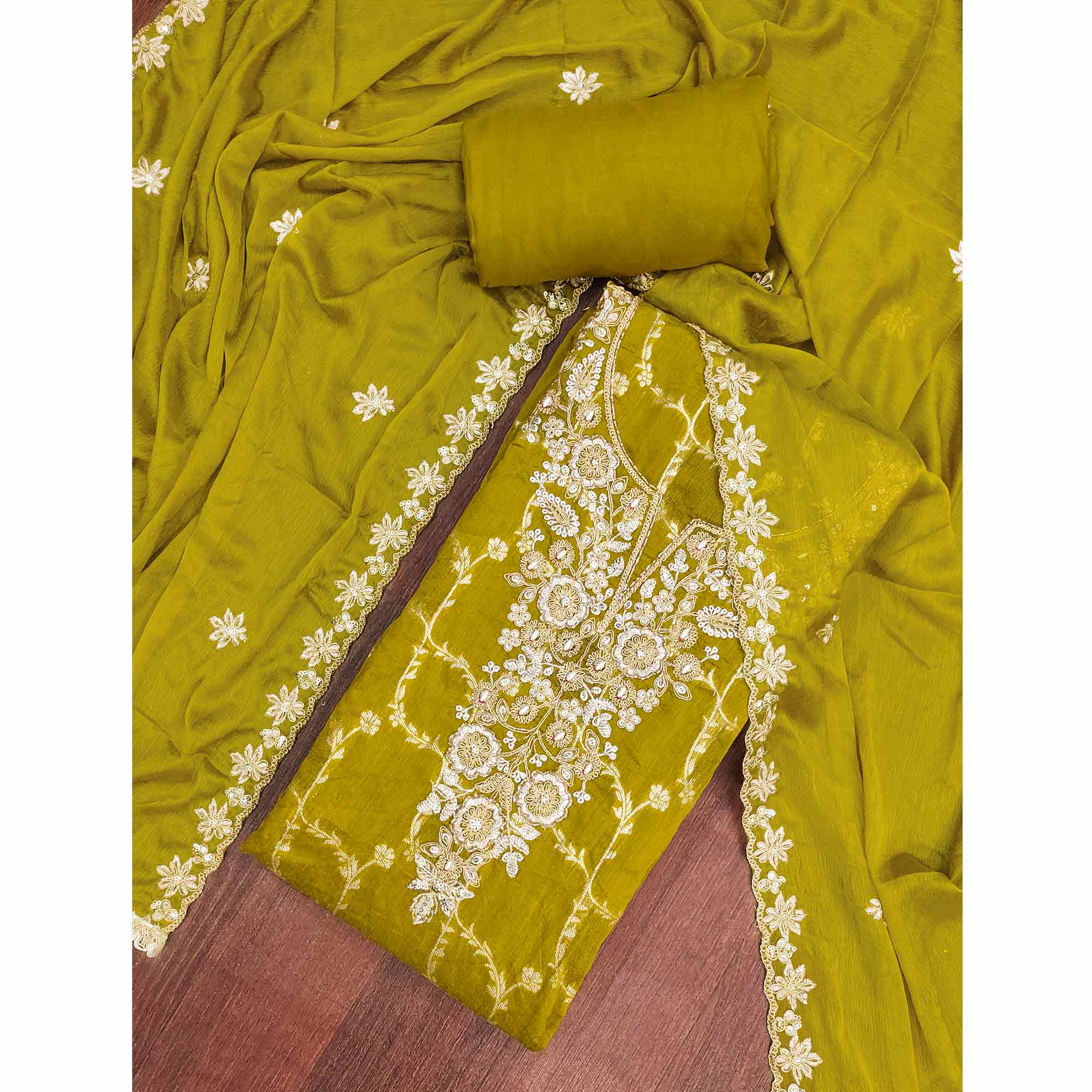 Luxury Green Floral Weaving Banarasi Silk Dress Material With Fine Sequins Cording Hand Embroidery - Image 3