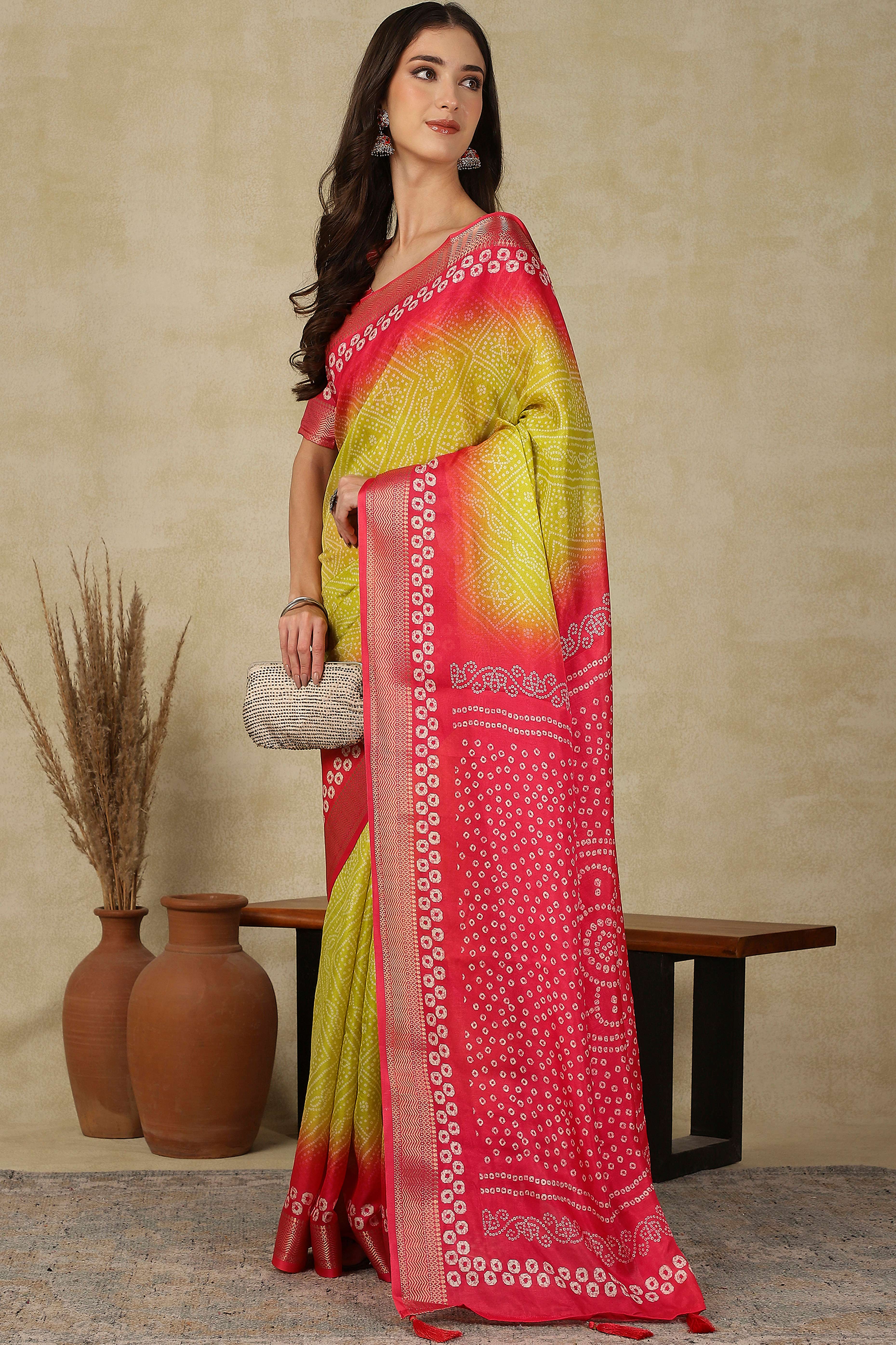 Luxury Lemon Yellow & Red Bandhani Print Cotton Silk Saree Featuring Weaving Border & Tassel Pallu - Image 3