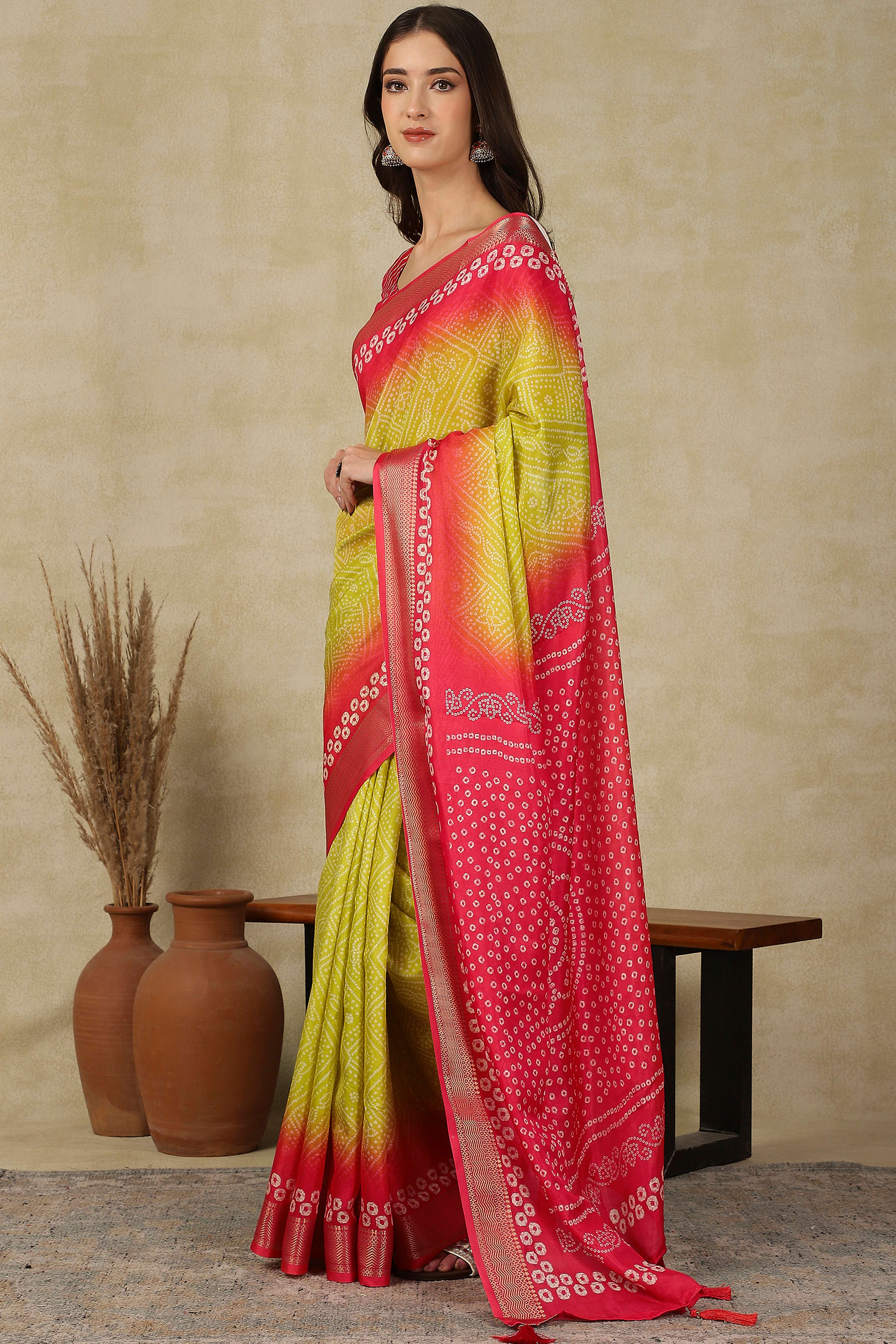 Luxury Lemon Yellow & Red Bandhani Print Cotton Silk Saree Featuring Weaving Border & Tassel Pallu - Image 4