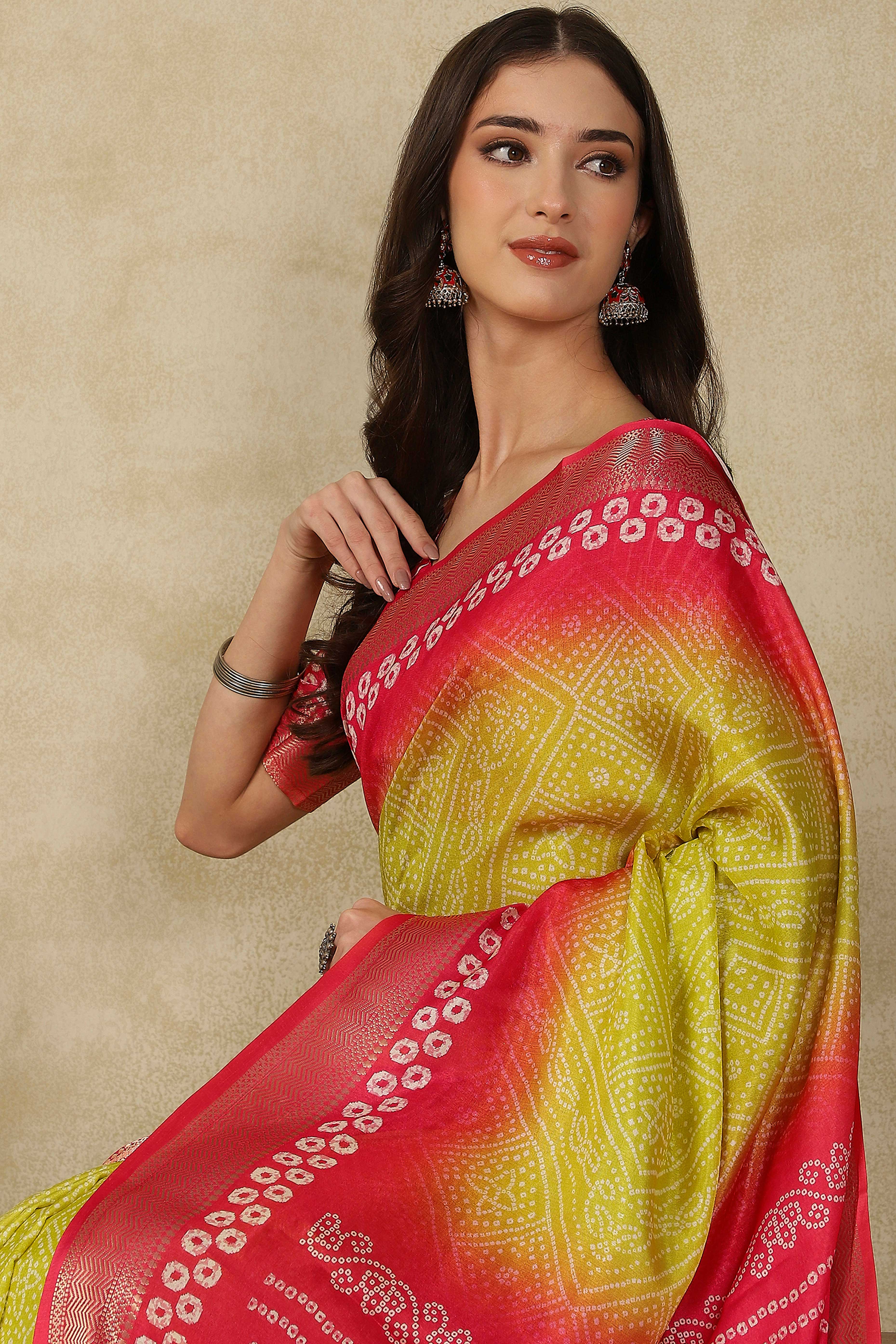 Luxury Lemon Yellow & Red Bandhani Print Cotton Silk Saree Featuring Weaving Border & Tassel Pallu - Image 7