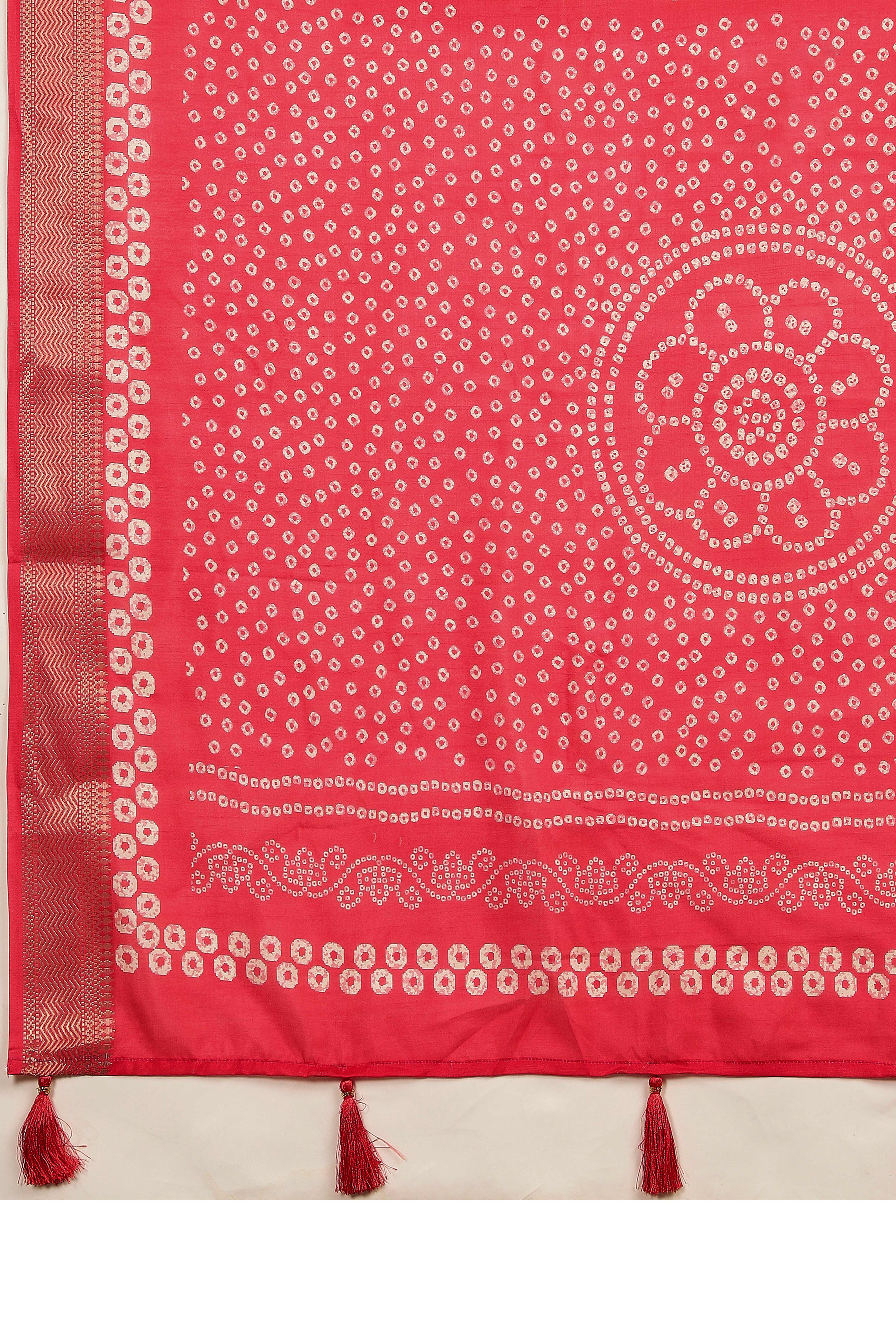 Luxury Lemon Yellow & Red Bandhani Print Cotton Silk Saree Featuring Weaving Border & Tassel Pallu - Image 9