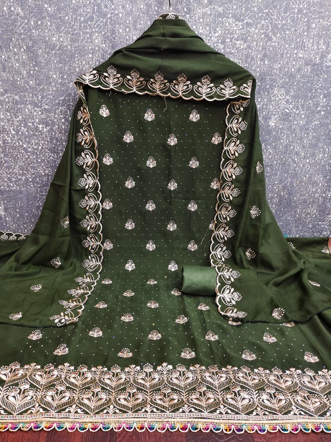 Luxury Mehendi Green Floral Embroidery With Sparkling Diamond Work Georgette Dress Material - Image 2
