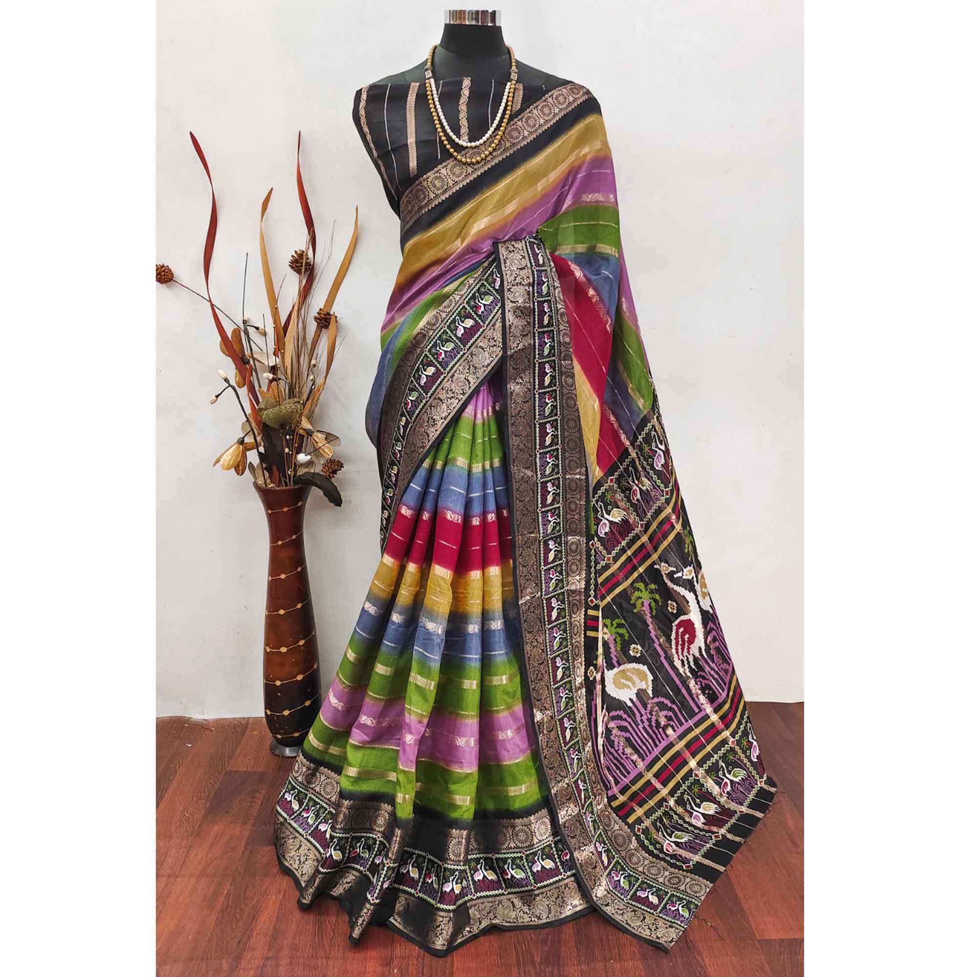 Luxury Multicolor Silk Jacquard Saree Adorned With Striped Zari Weaving and Printed Pallu - Image 10