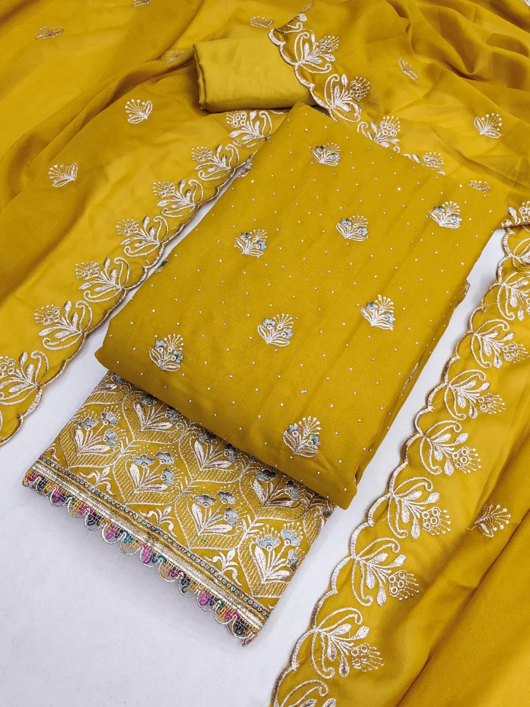 Luxury Mustard Floral Embroidery With Sparkling Diamond Work Georgette Dress Material - Image 5