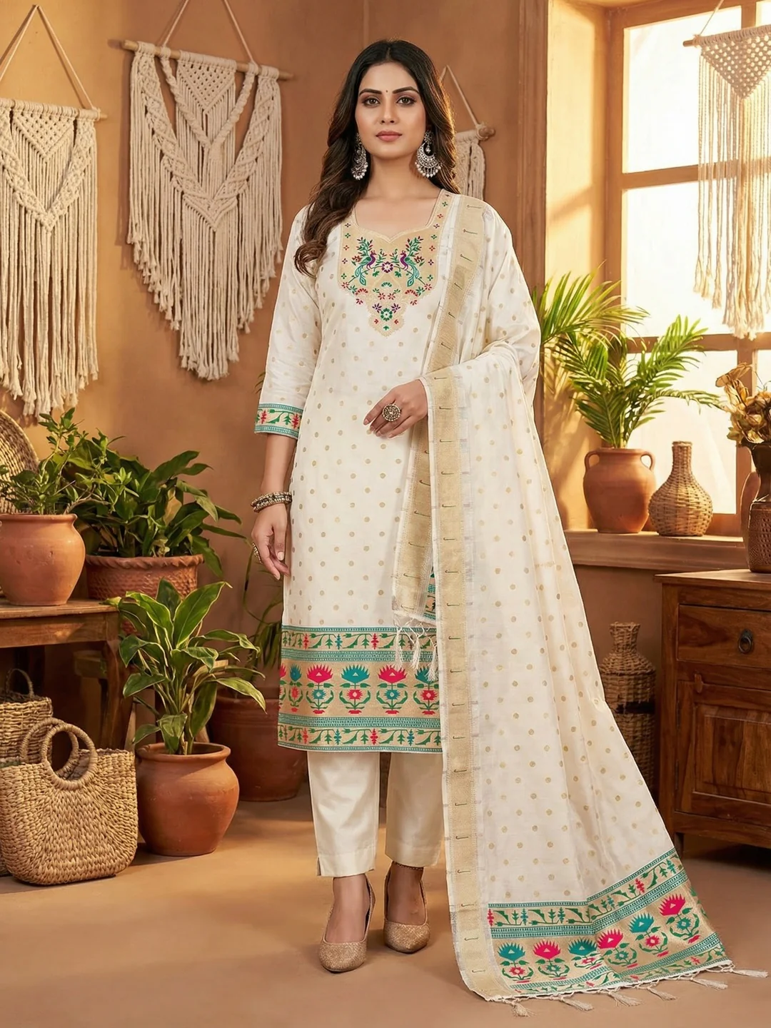 Luxury Offwhite Floral & Peacock Design Zari Weaving Banarasi Silk Dress Material