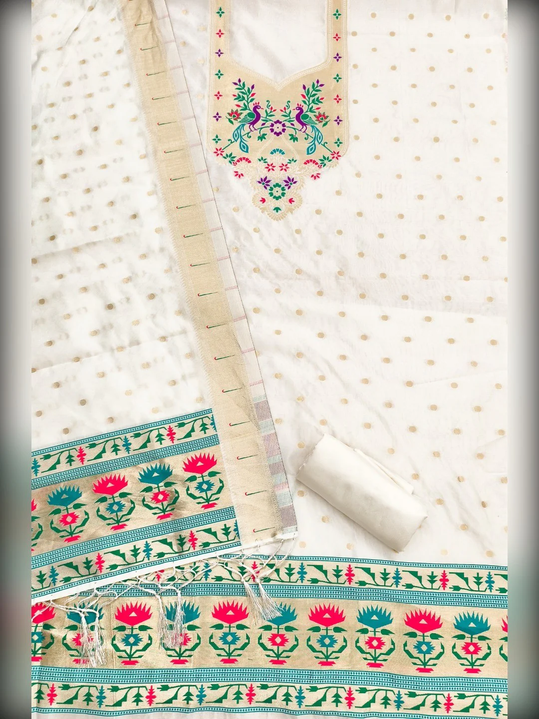 Luxury Offwhite Floral & Peacock Design Zari Weaving Banarasi Silk Dress Material - Image 3