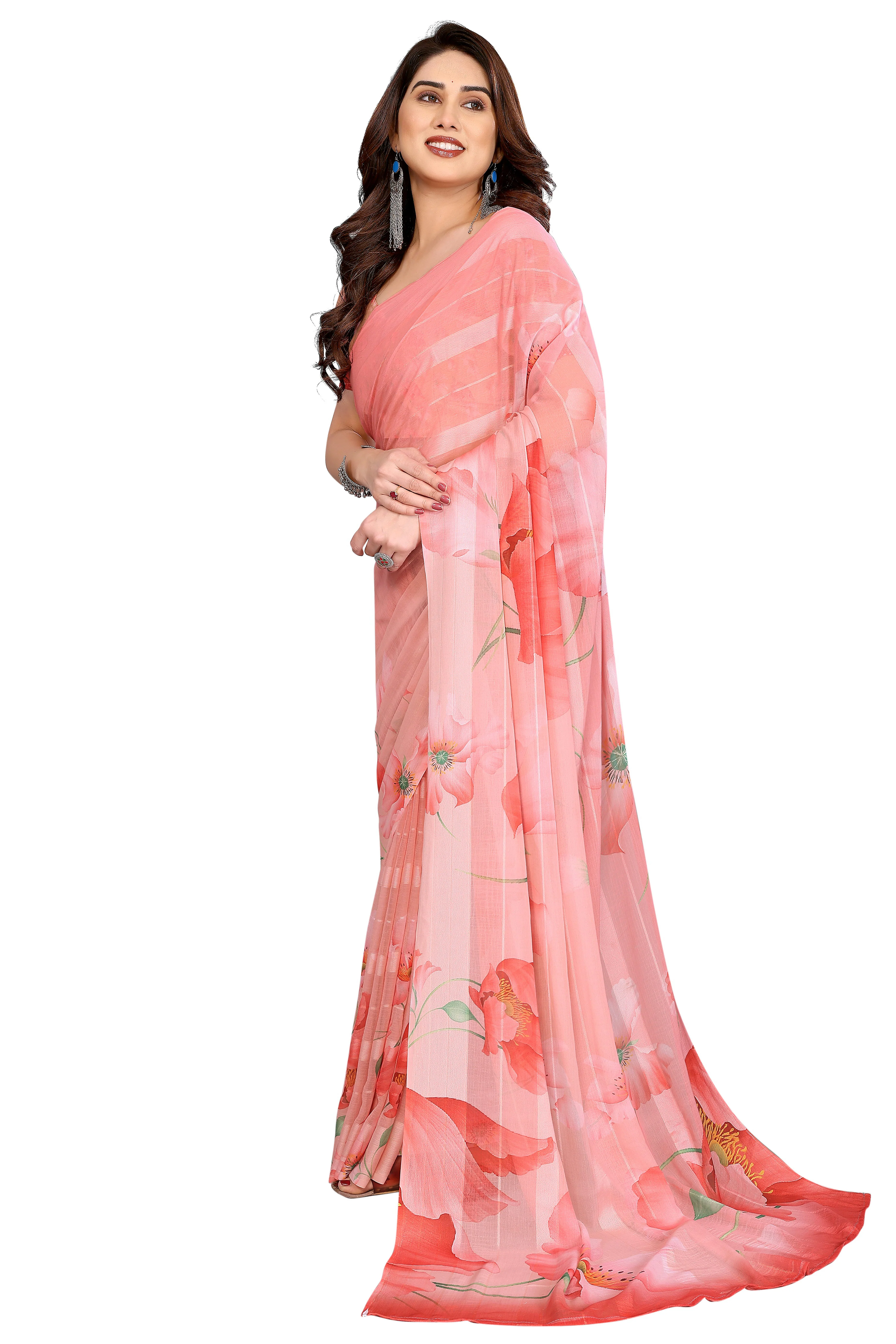 Luxury Peach Floral Digital Print Georgette Saree With Subtle Zari Highlights & Vibrant Striped - Image 3