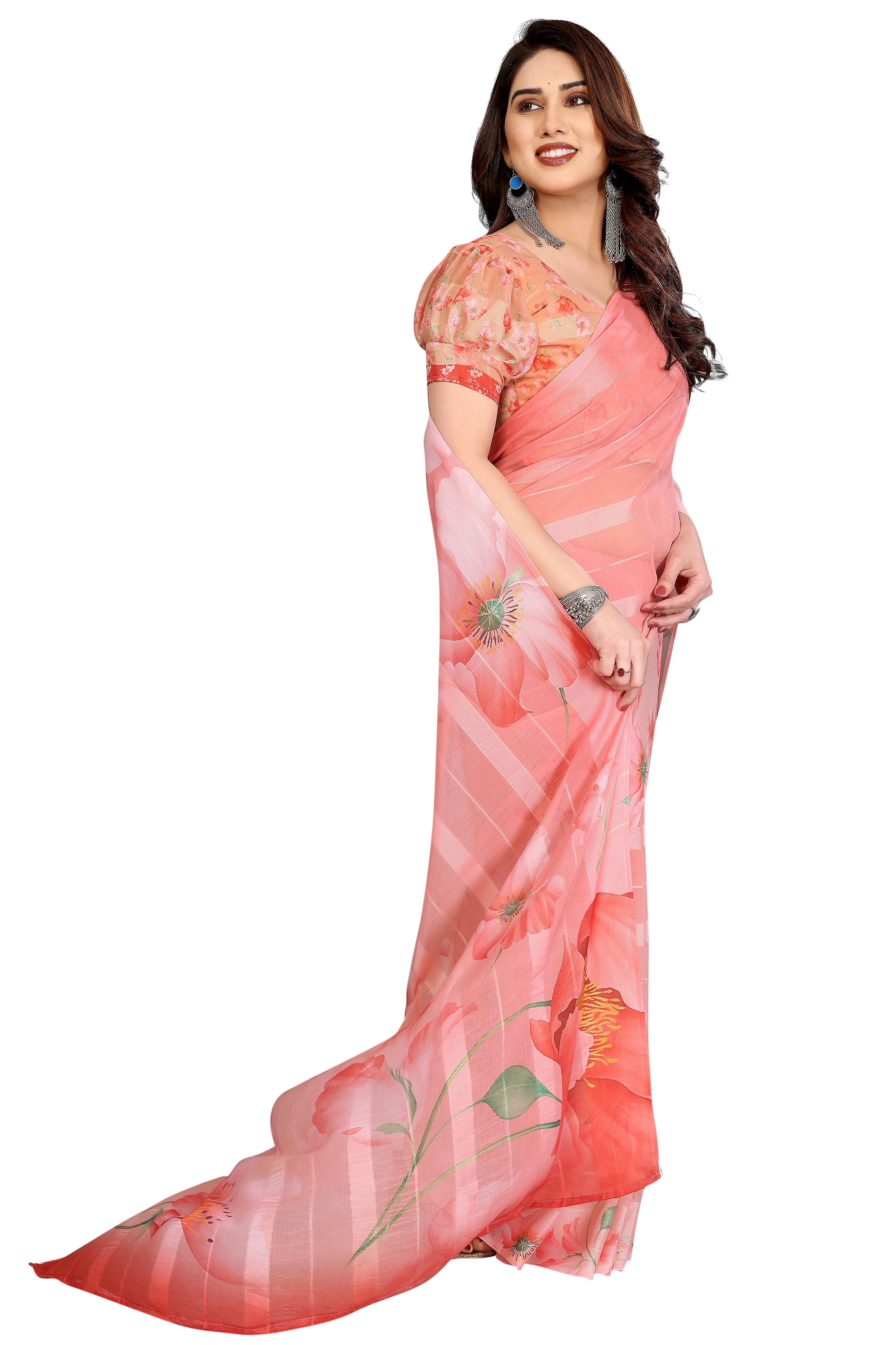 Luxury Peach Floral Digital Print Georgette Saree With Subtle Zari Highlights & Vibrant Striped - Image 4
