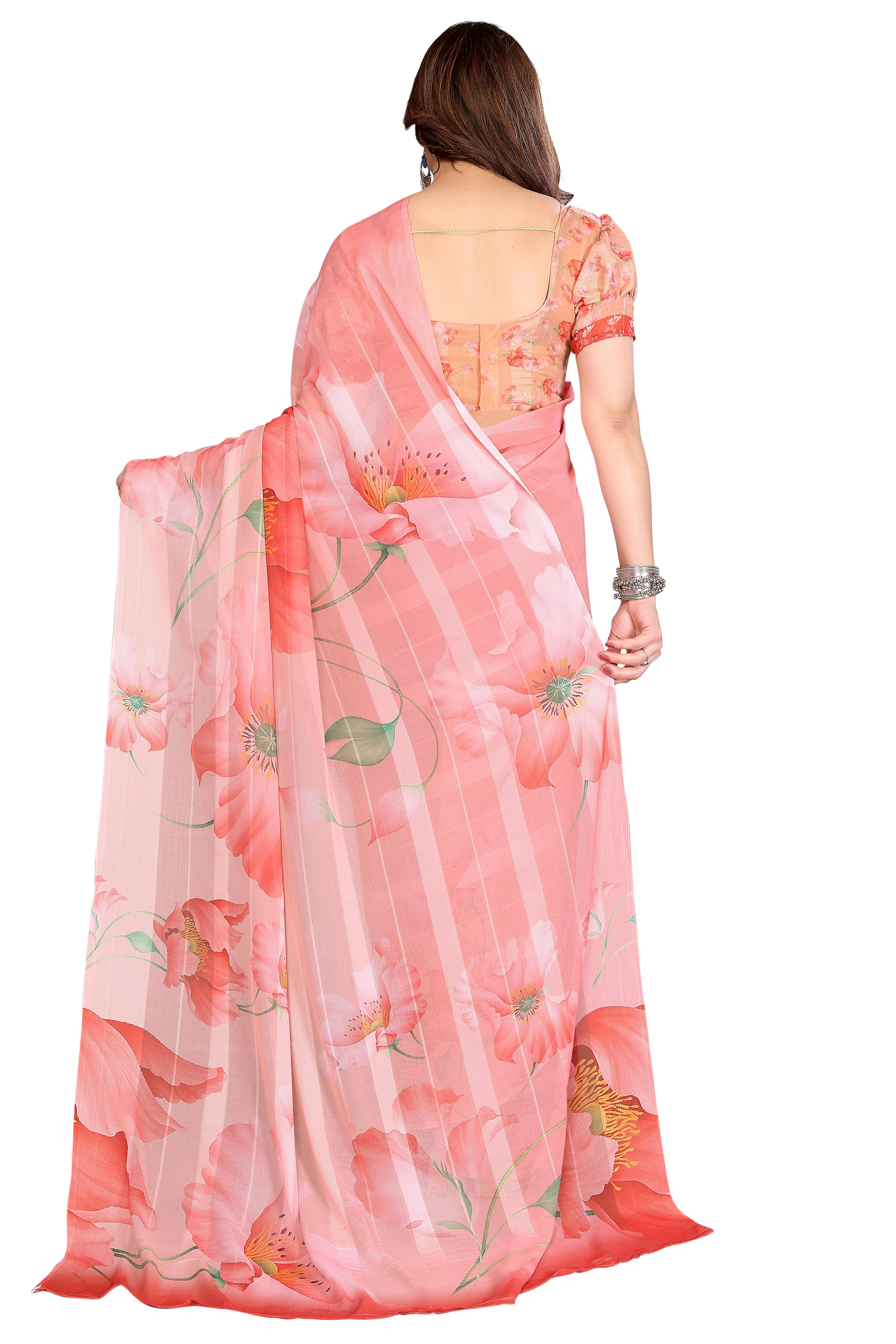Luxury Peach Floral Digital Print Georgette Saree With Subtle Zari Highlights & Vibrant Striped - Image 5