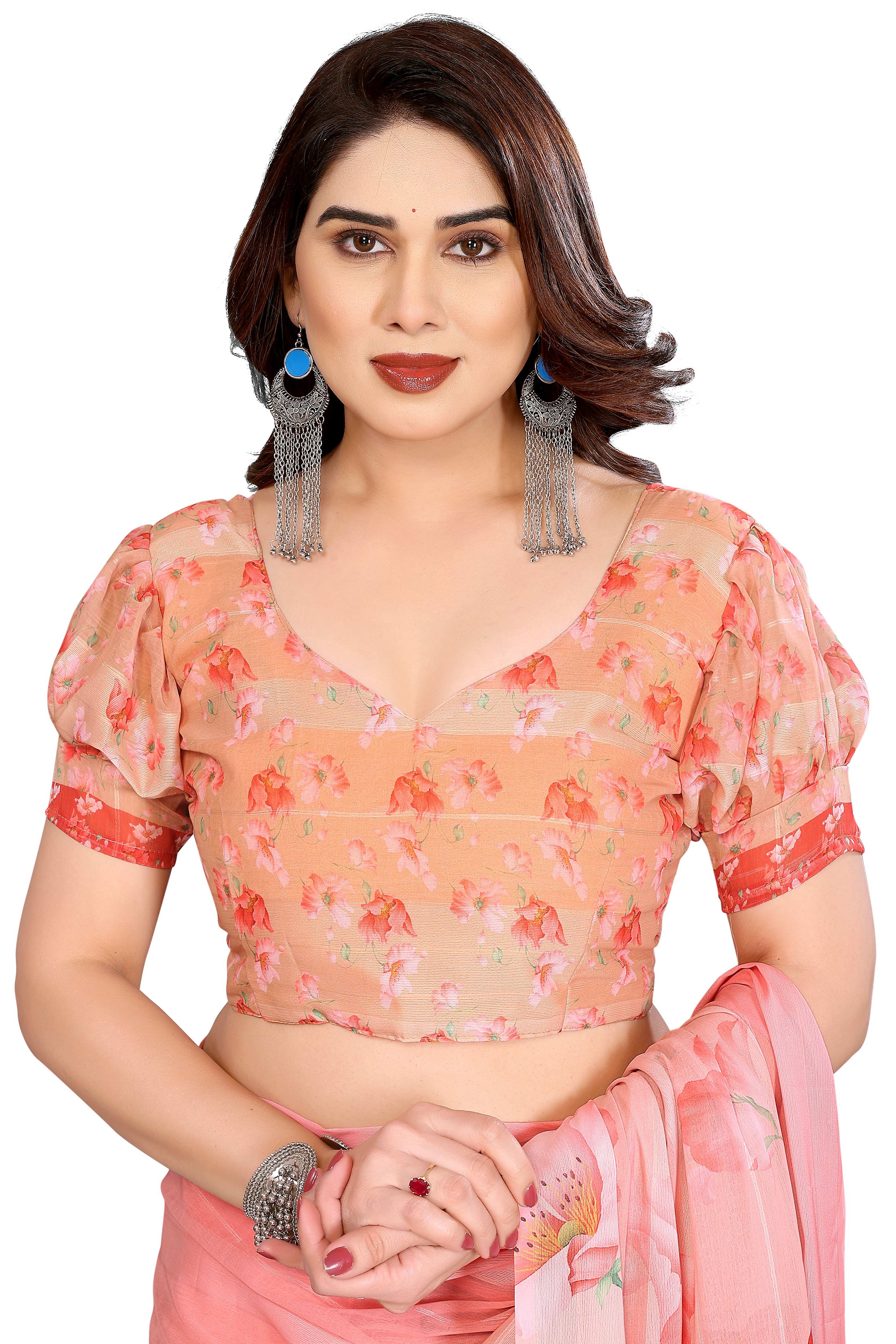 Luxury Peach Floral Digital Print Georgette Saree With Subtle Zari Highlights & Vibrant Striped - Image 6