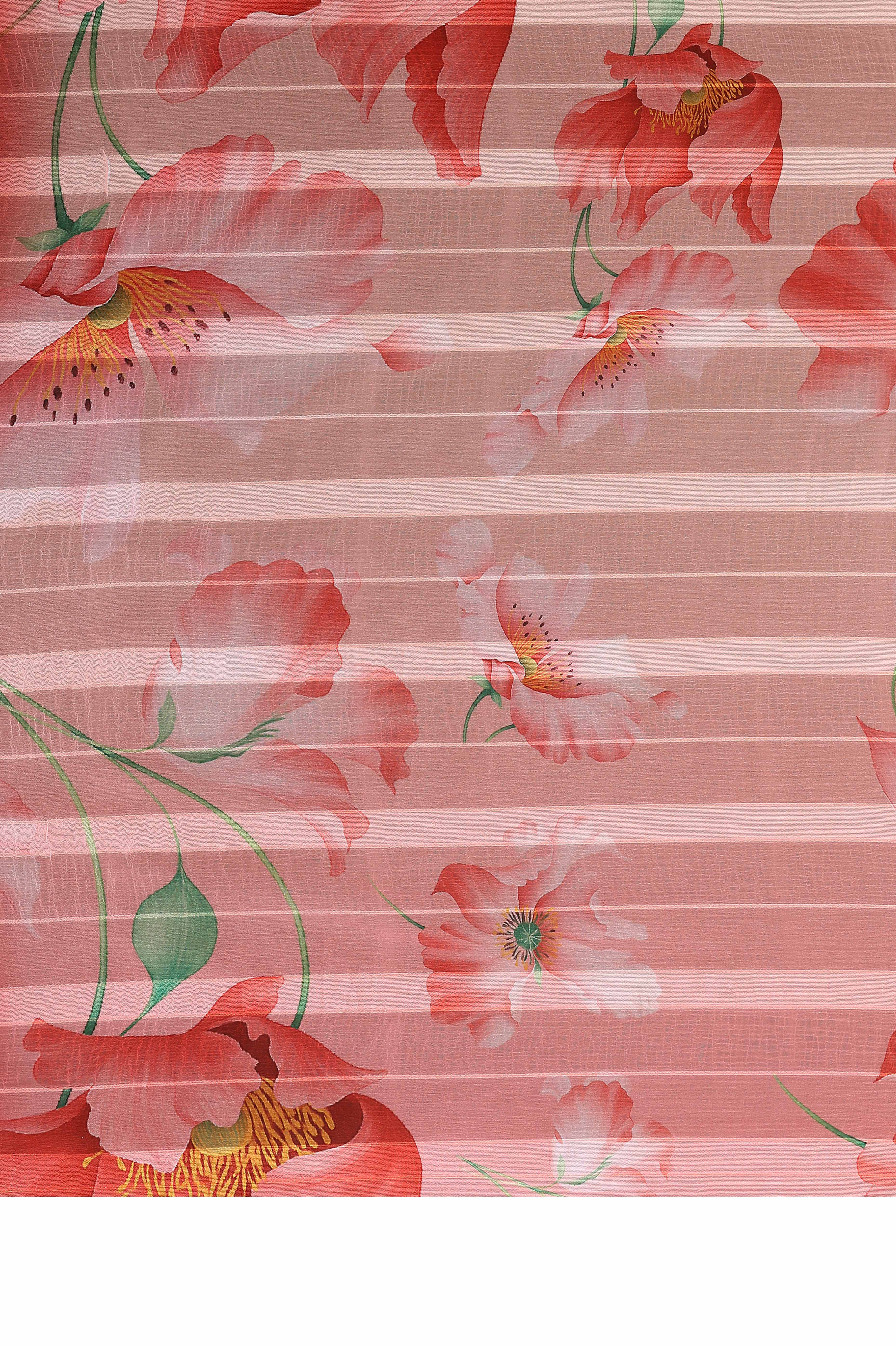 Luxury Peach Floral Digital Print Georgette Saree With Subtle Zari Highlights & Vibrant Striped - Image 7