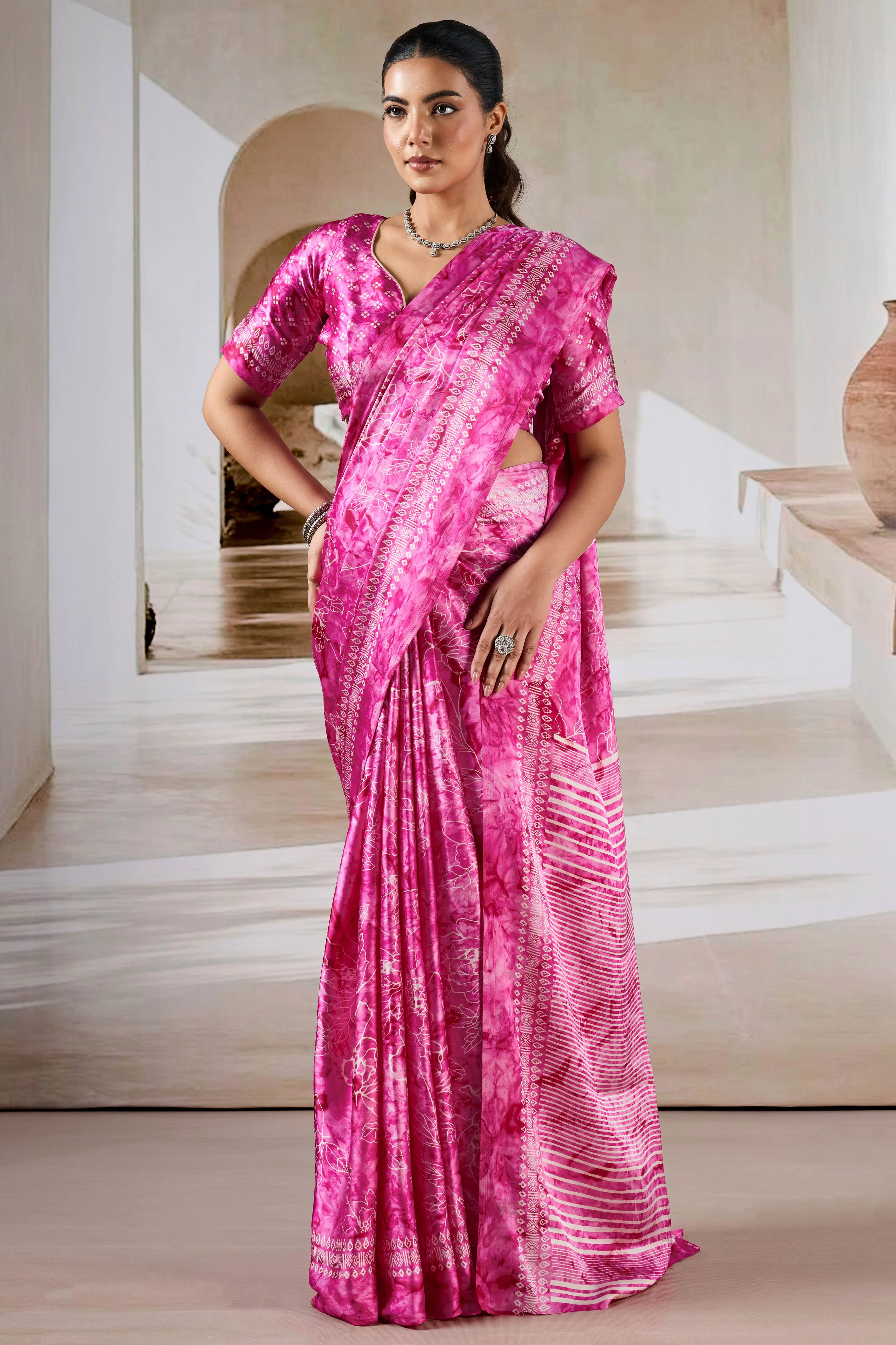 Luxury Pink Abstract Prism Print Modal Satin Saree Featuring Artistic Work - Image 3