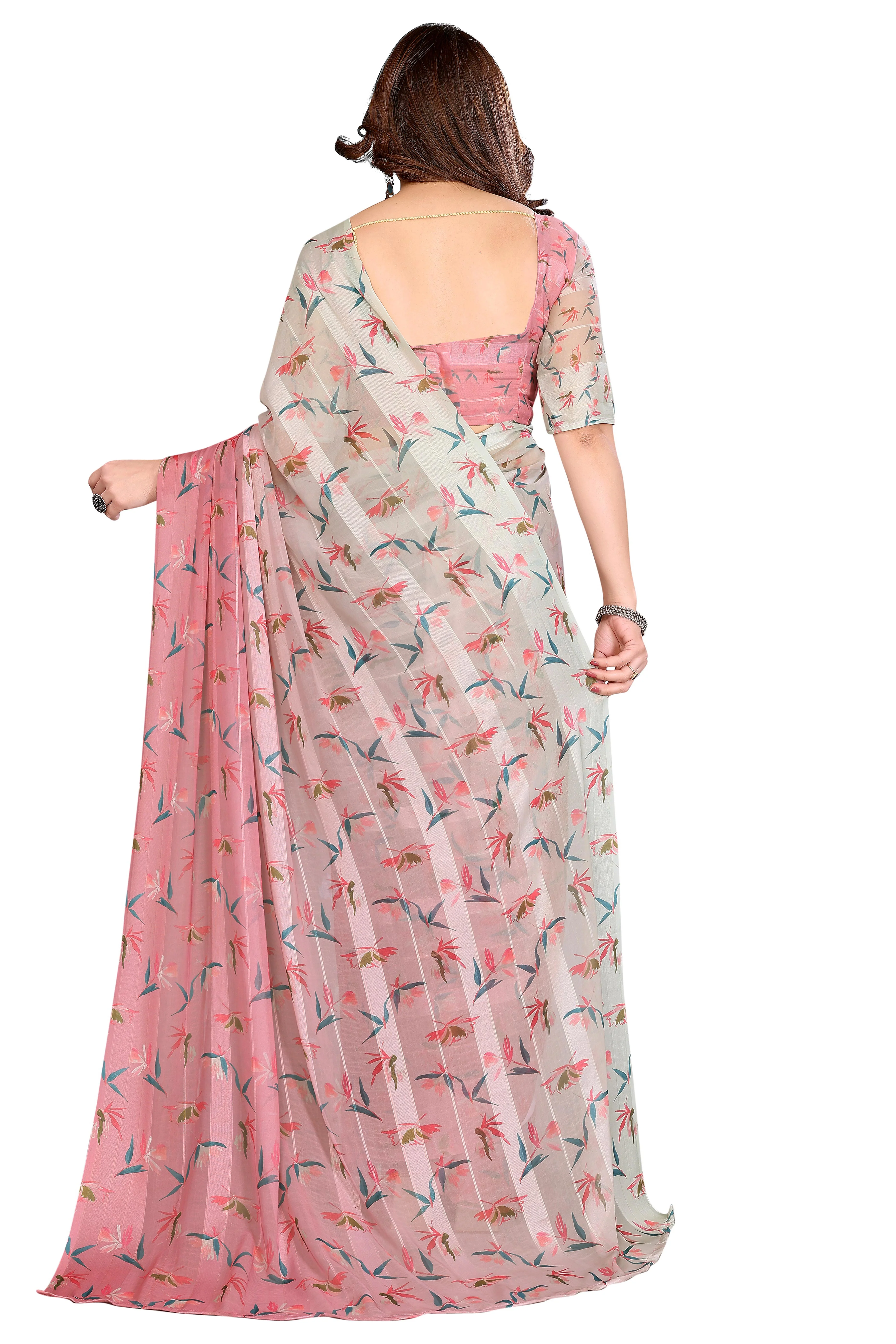 Luxury Pink & Beige Floral Digital Print Georgette Saree With Zari Highlights & Vibrant Striped - Image 5