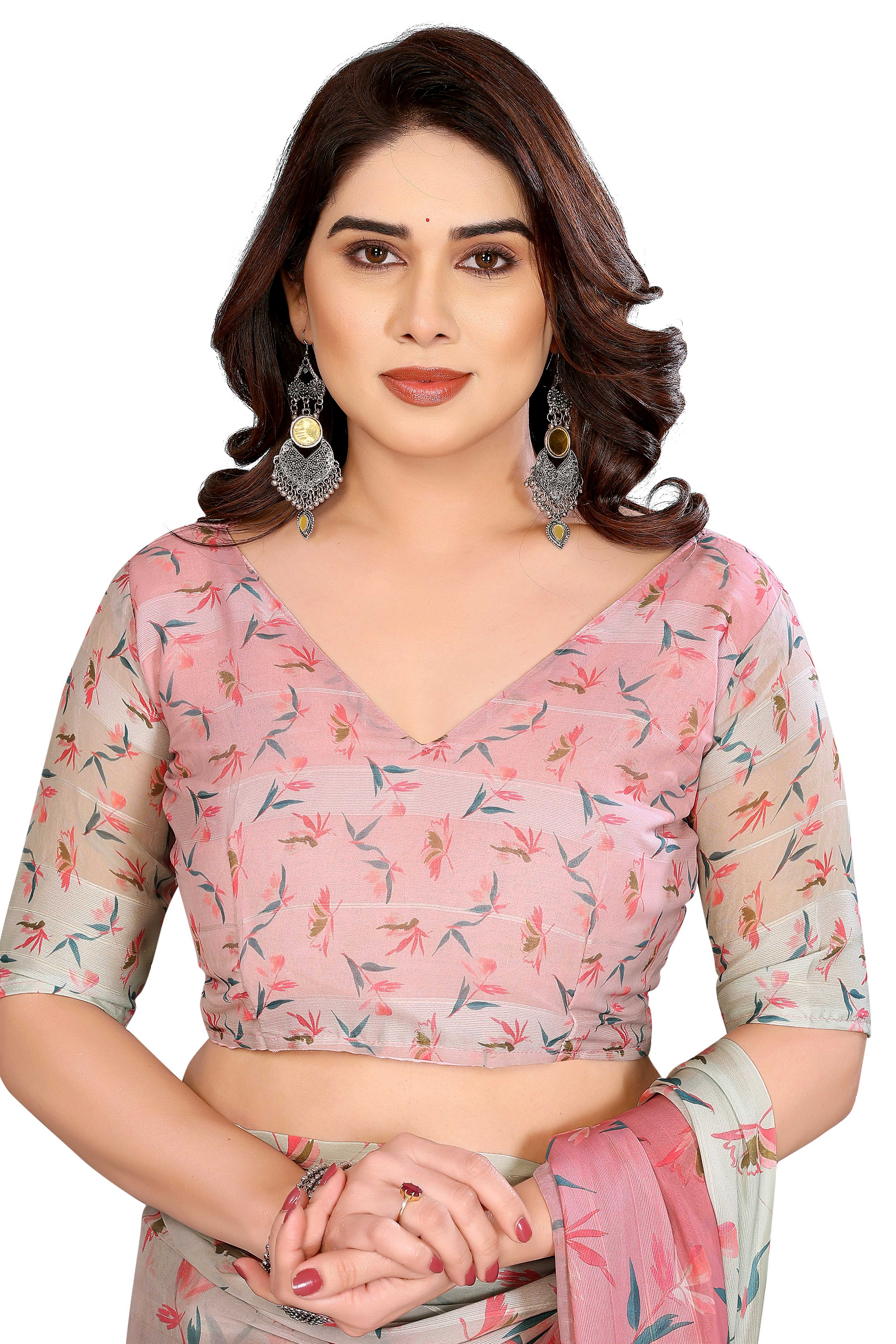 Luxury Pink & Beige Floral Digital Print Georgette Saree With Zari Highlights & Vibrant Striped - Image 6