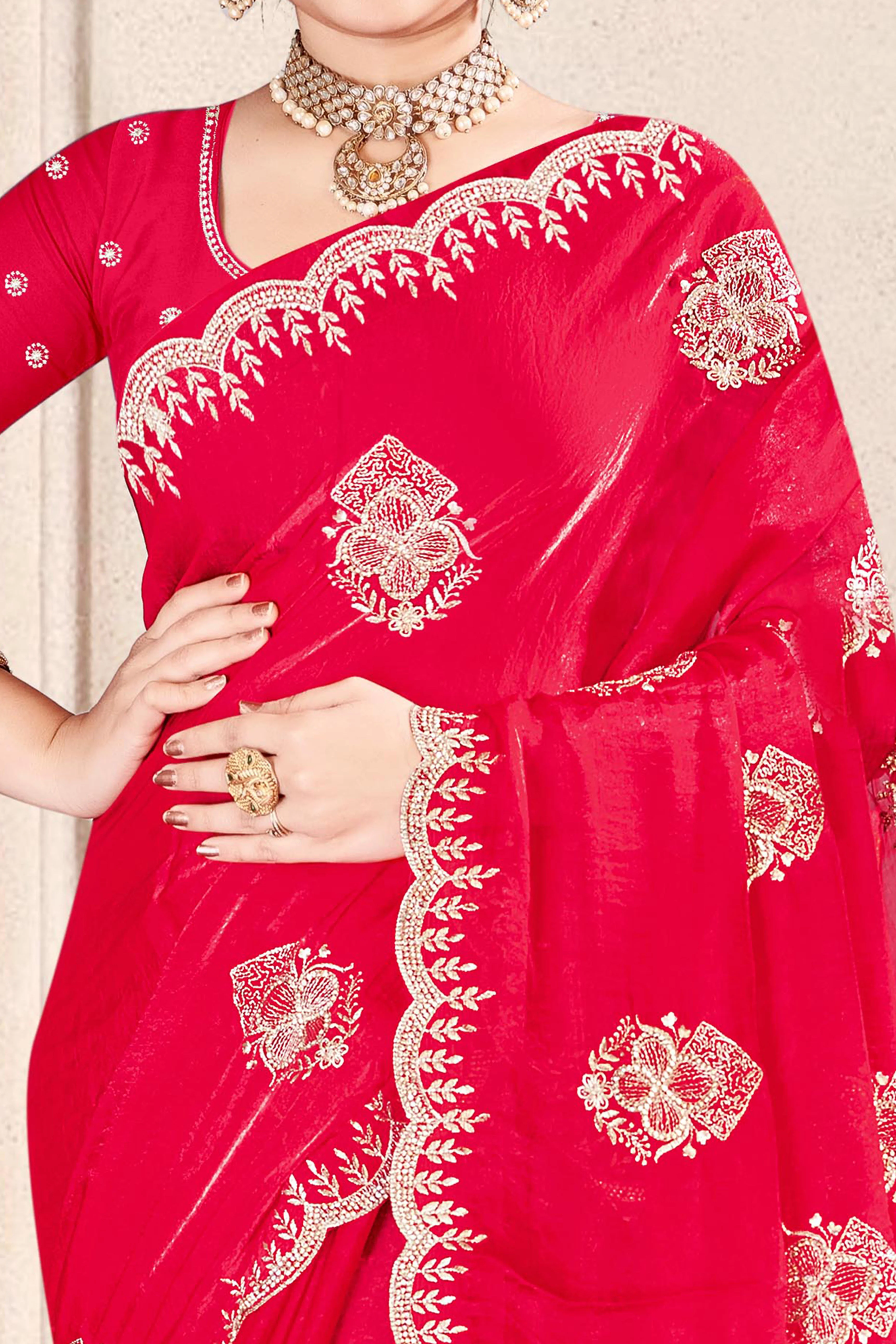 Luxury Pink Floral Zari Embroidery With Sparkling Diamond Work Organza Satin Silk Saree - Image 2