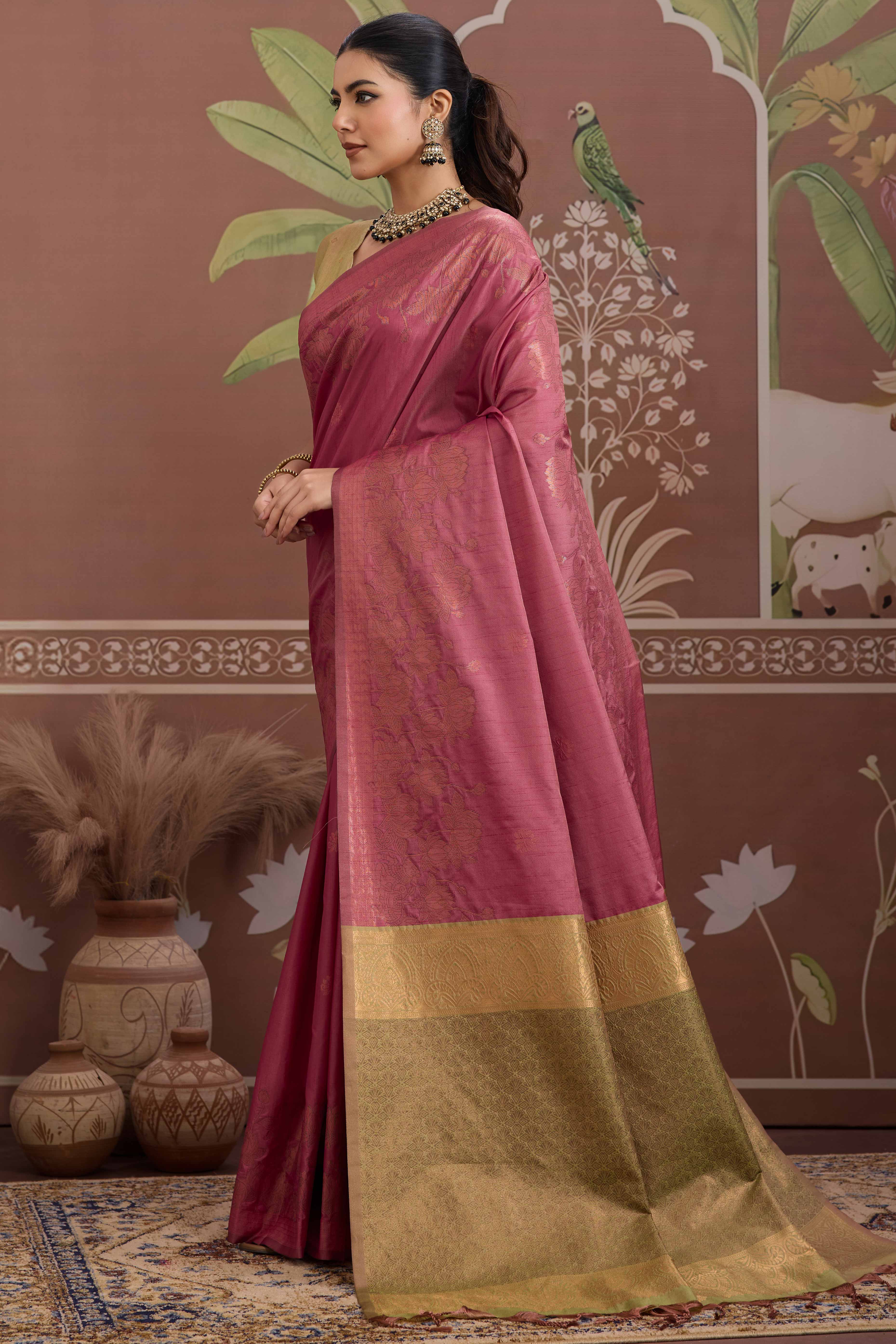 Luxury Pink Pichwai Style Saree in Silk Blend with Intricate Zari Work - Image 4