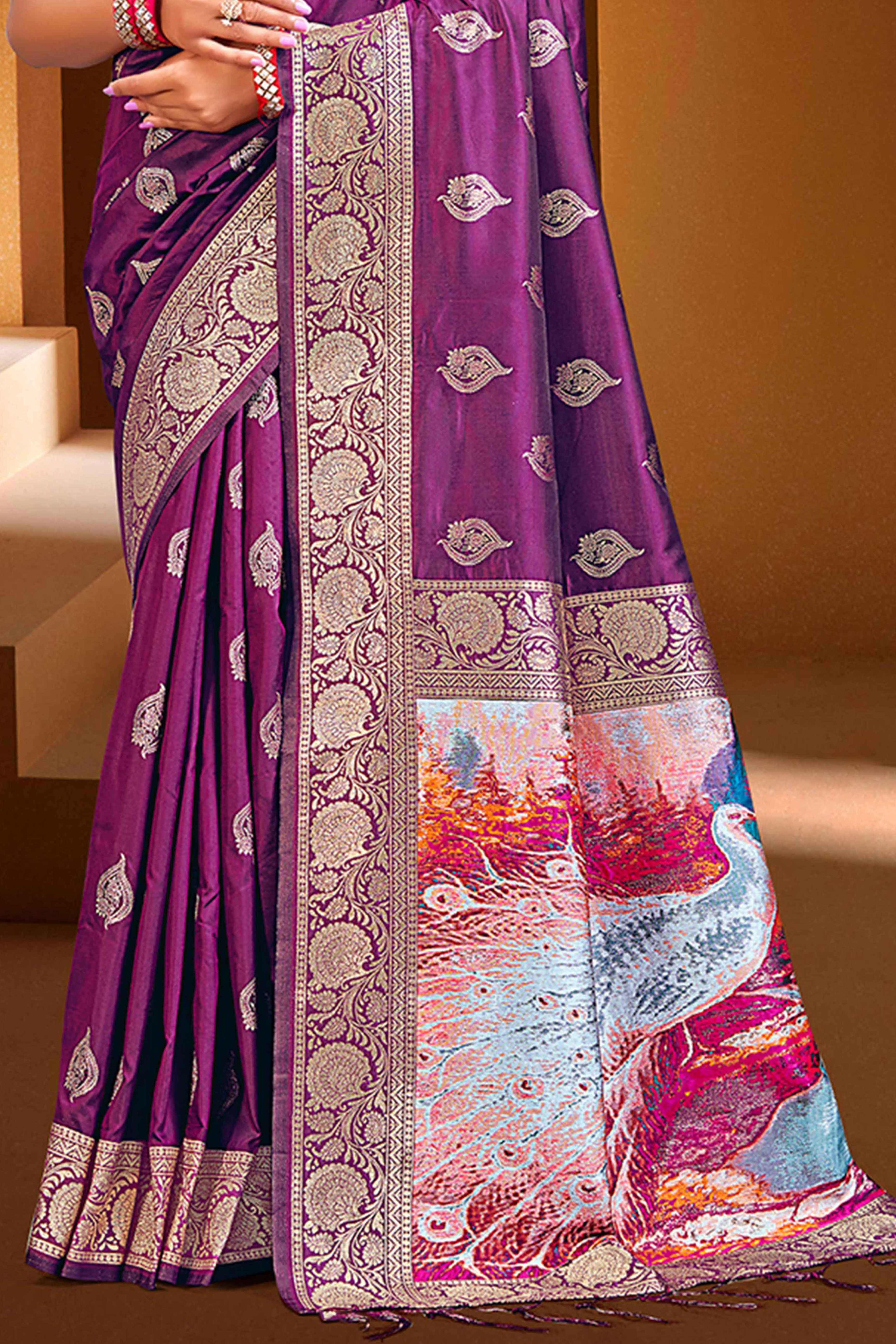 Luxury Purple Floral Weaving Silk Blend Saree Finished With A Digital Peacock Printed Pallu - Image 4
